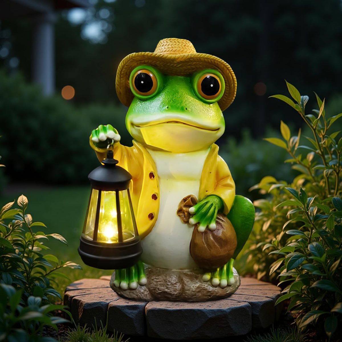 twinbling frog statue front view showing lantern and cheerful pose, adds curb appeal