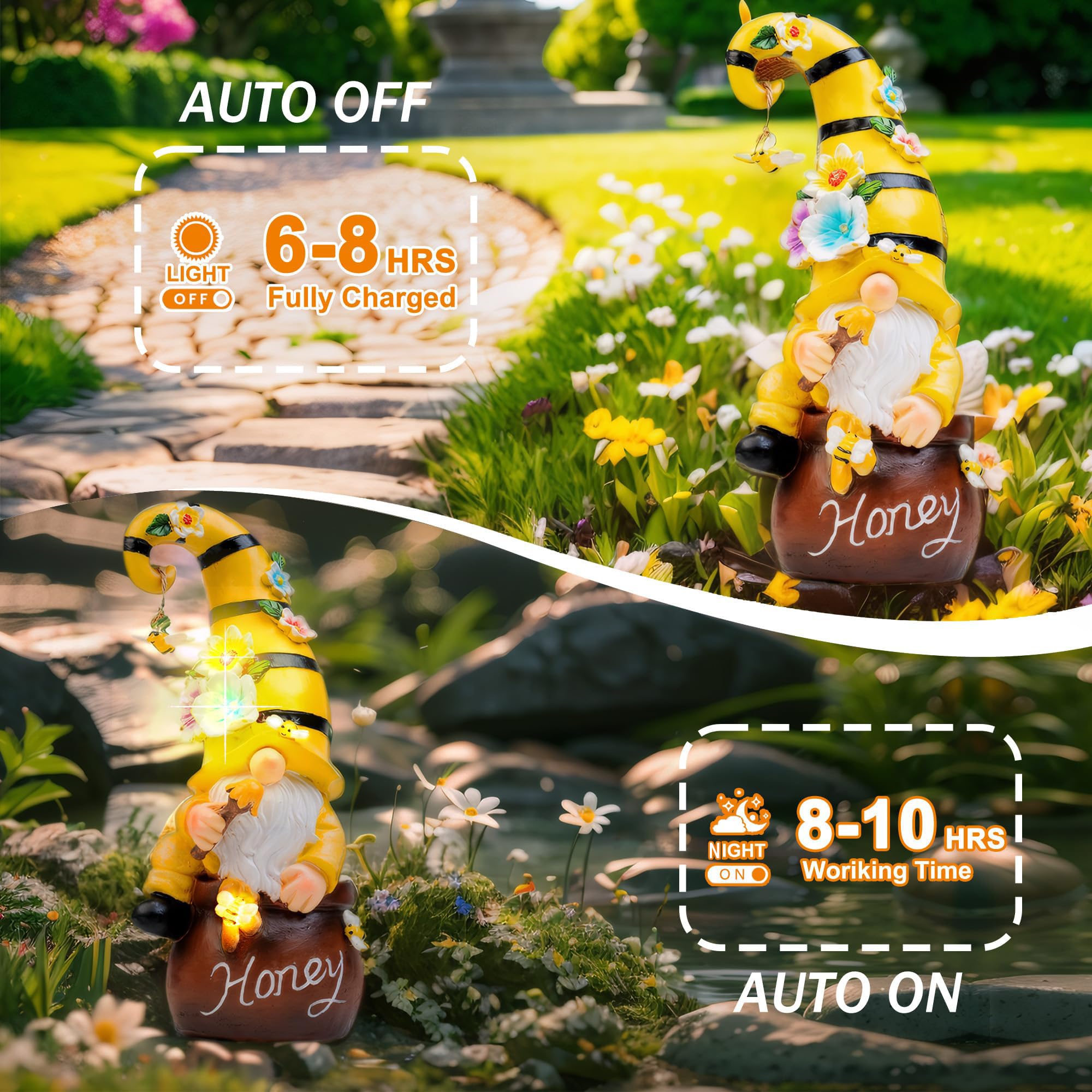 twinbling gnome nestled in flowerbed adding decorative lighting benefit