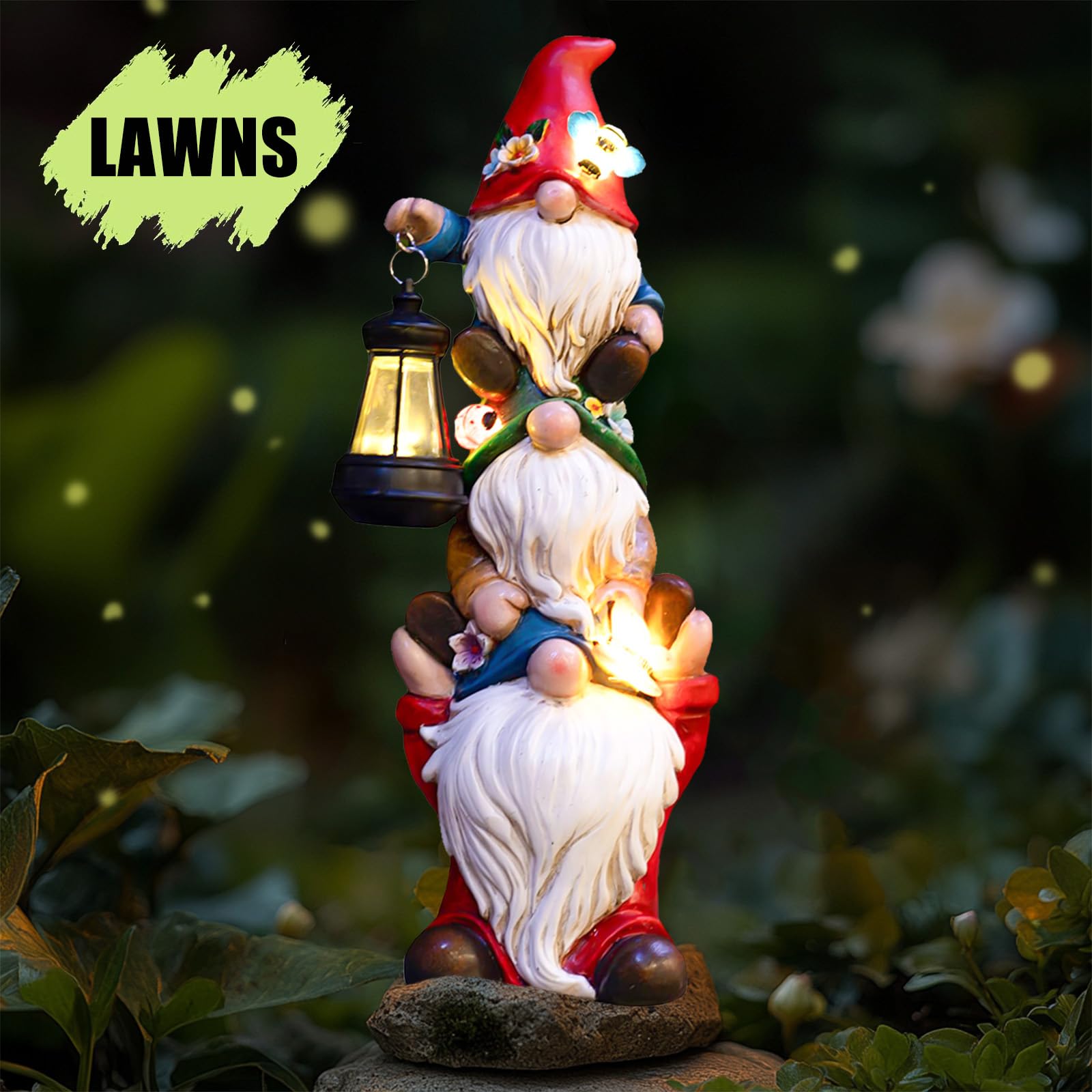 twinbling gnome glowing at dusk showing soft LED light improving nighttime visibility