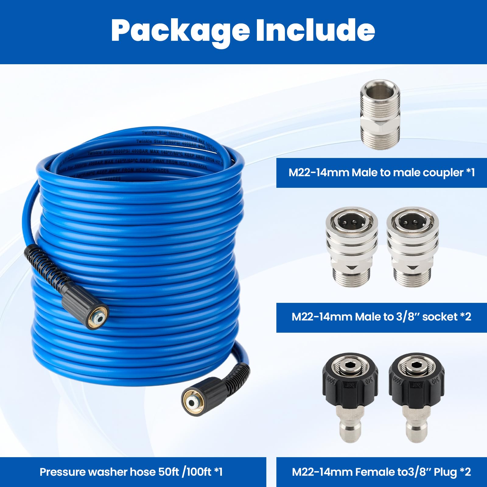 Twinkle Star hose connected to pressure washer pump M22 fitting for secure attachment benefit