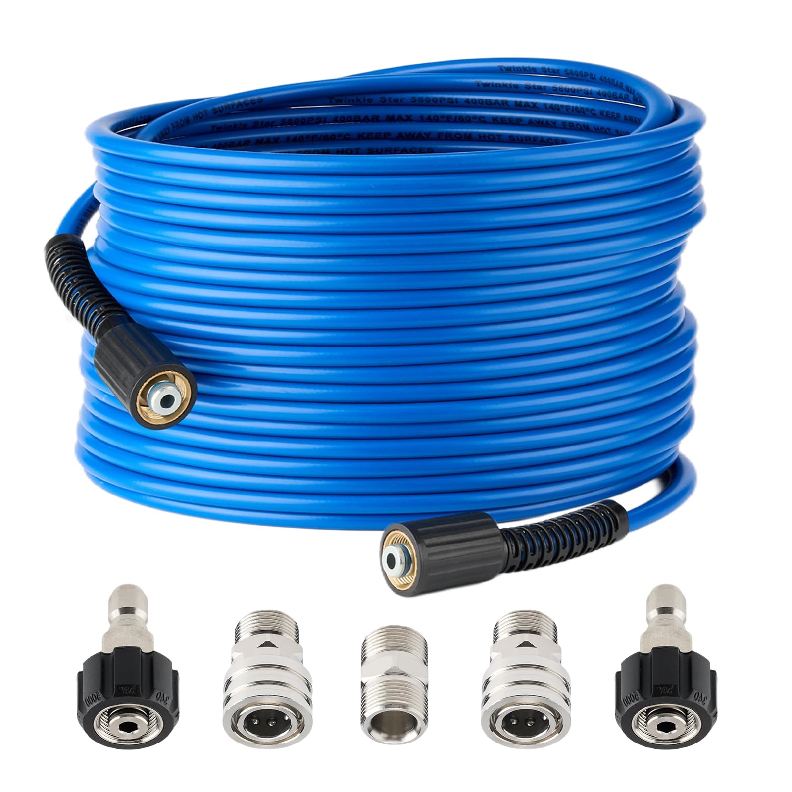 Twinkle Star front packaging showing 100ft hose and included fittings, clear compatibility