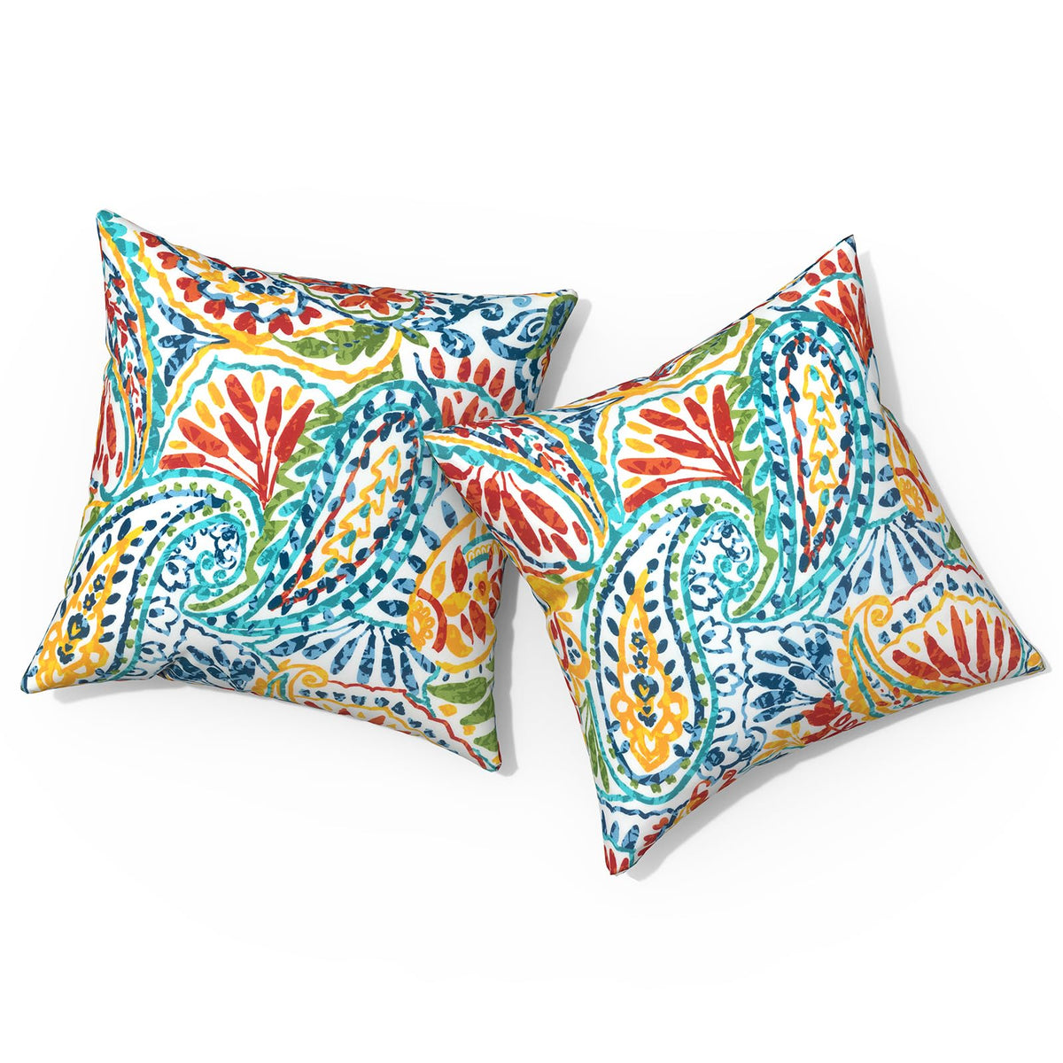 TWLEAR front view of two paisley multi outdoor pillows showing pattern and size benefit