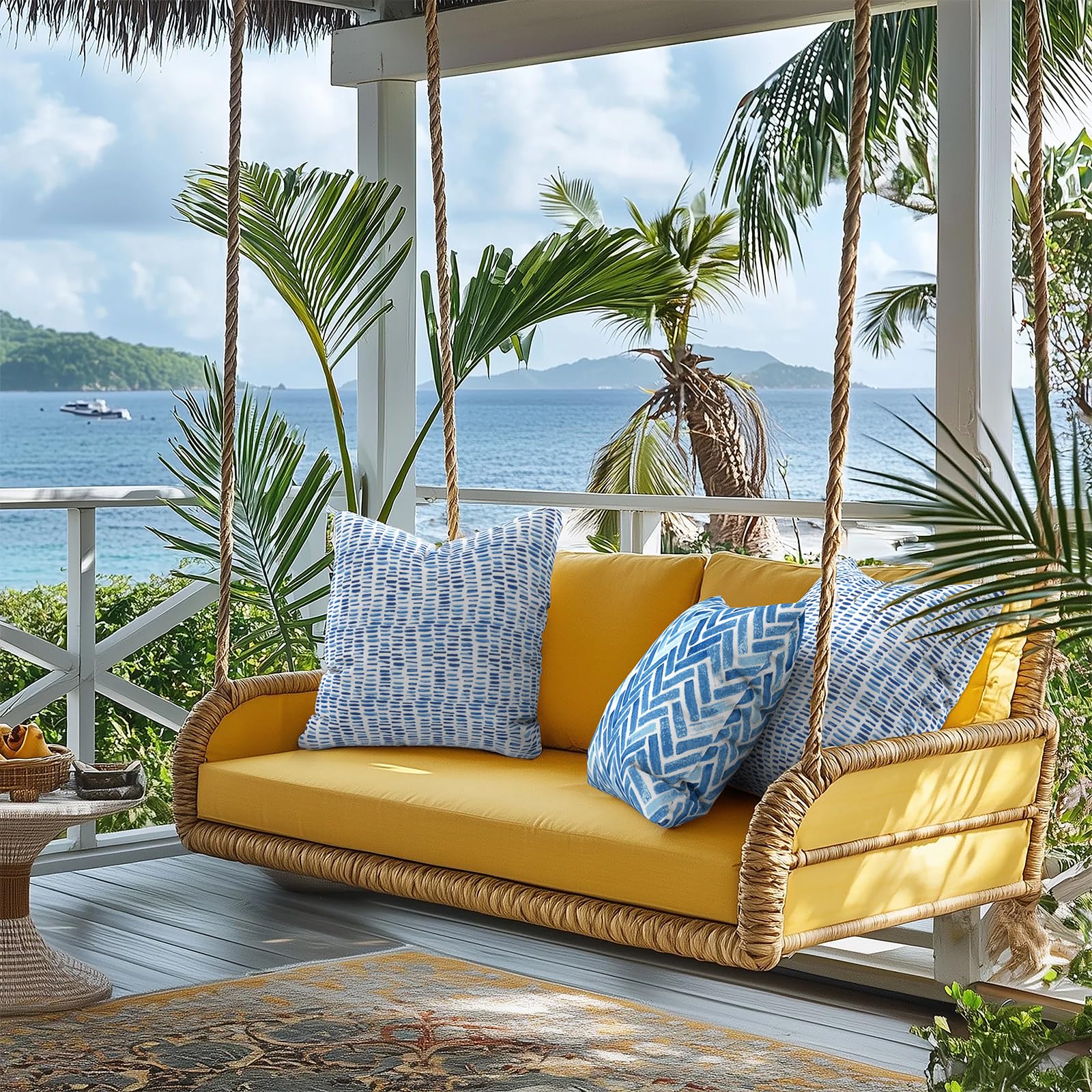 TWLEAR pillows styled on patio sofa adding comfortable weather-ready seating