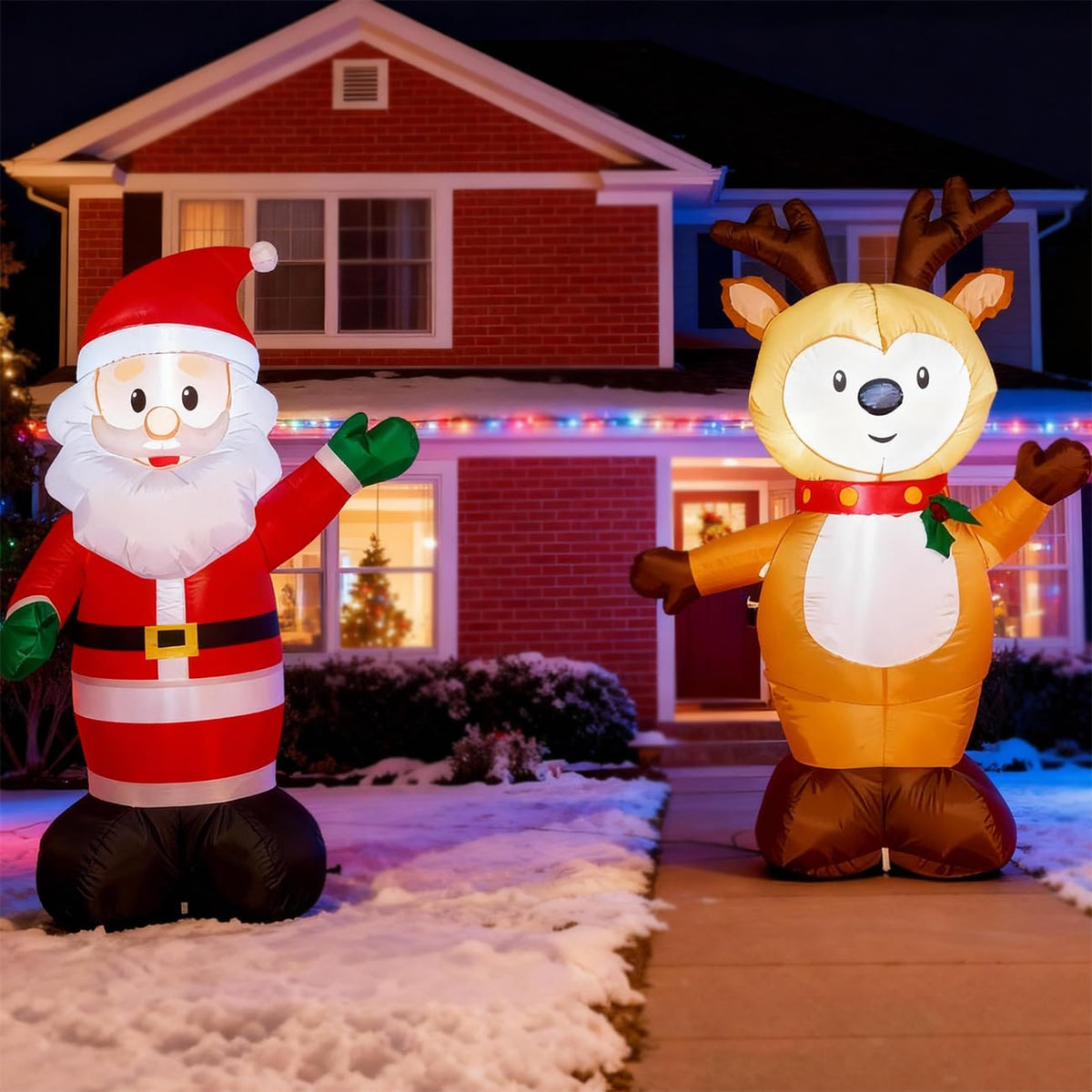 TYBEEU front view of Santa and reindeer with bright welcoming glow