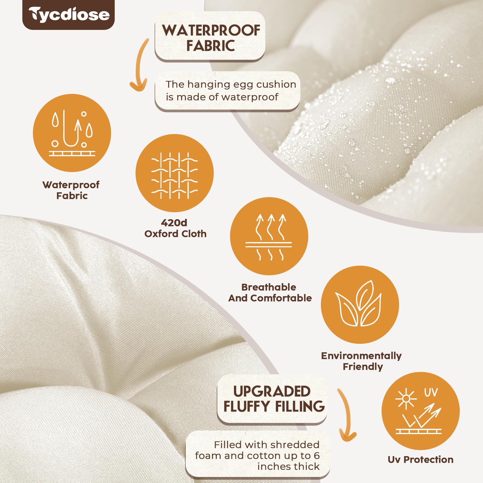 Tycdiose cushion seated in hanging egg chair showing improved comfort and aesthetic