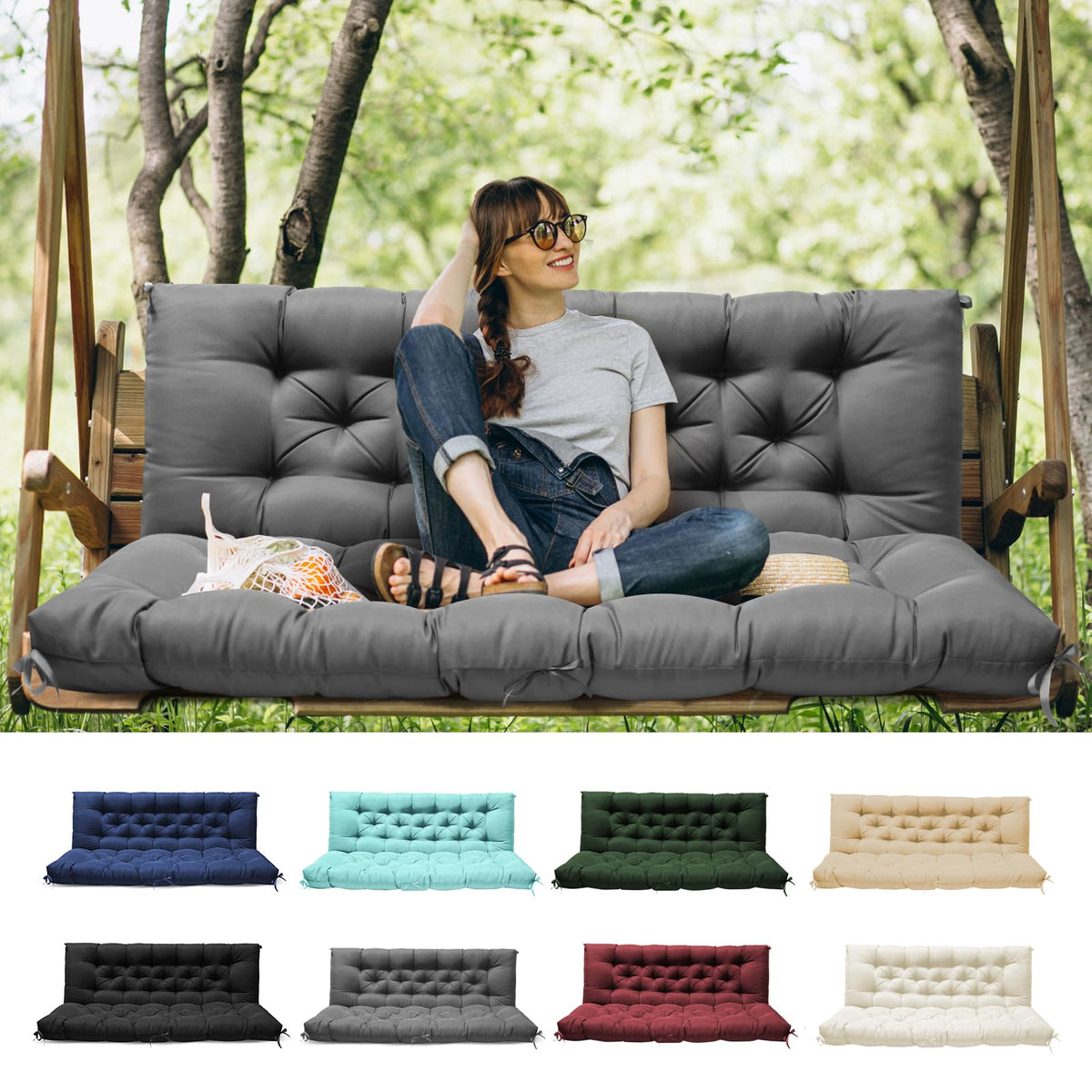 Tycdiose front view of grey porch swing cushion showing full coverage and comfort