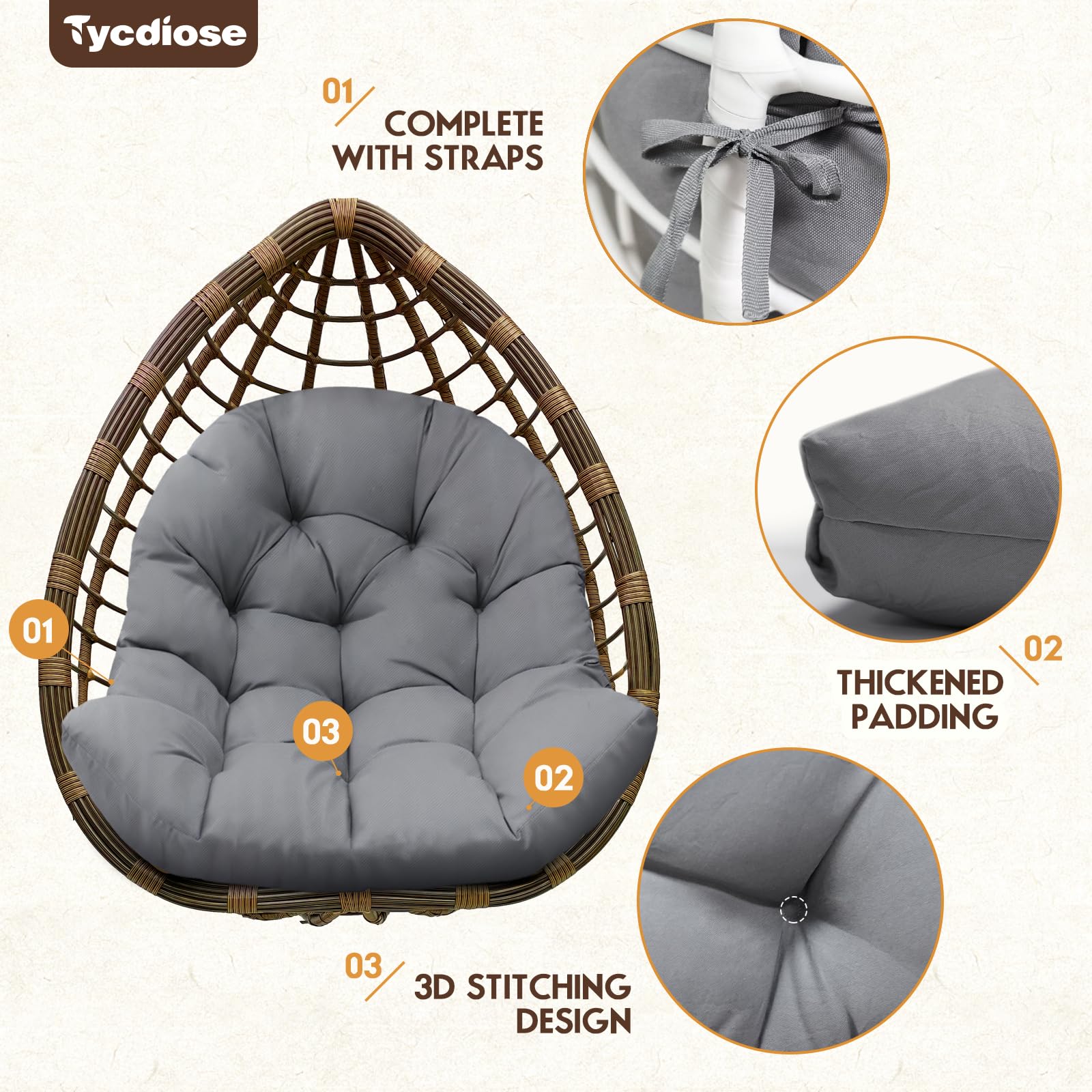 Tycdiose installed in hanging egg chair showing upgraded cushion comfort