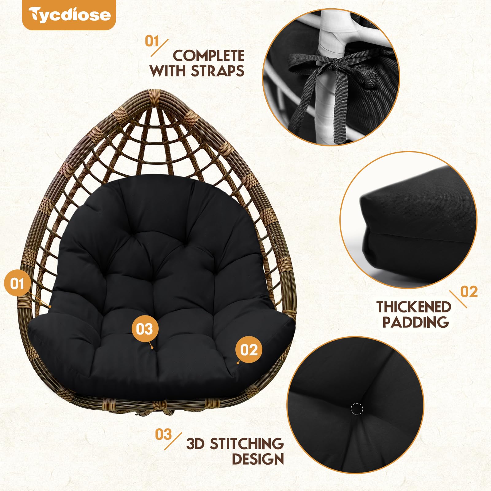 Tycdiose cushion installed in hanging egg chair for relaxed outdoor lounging