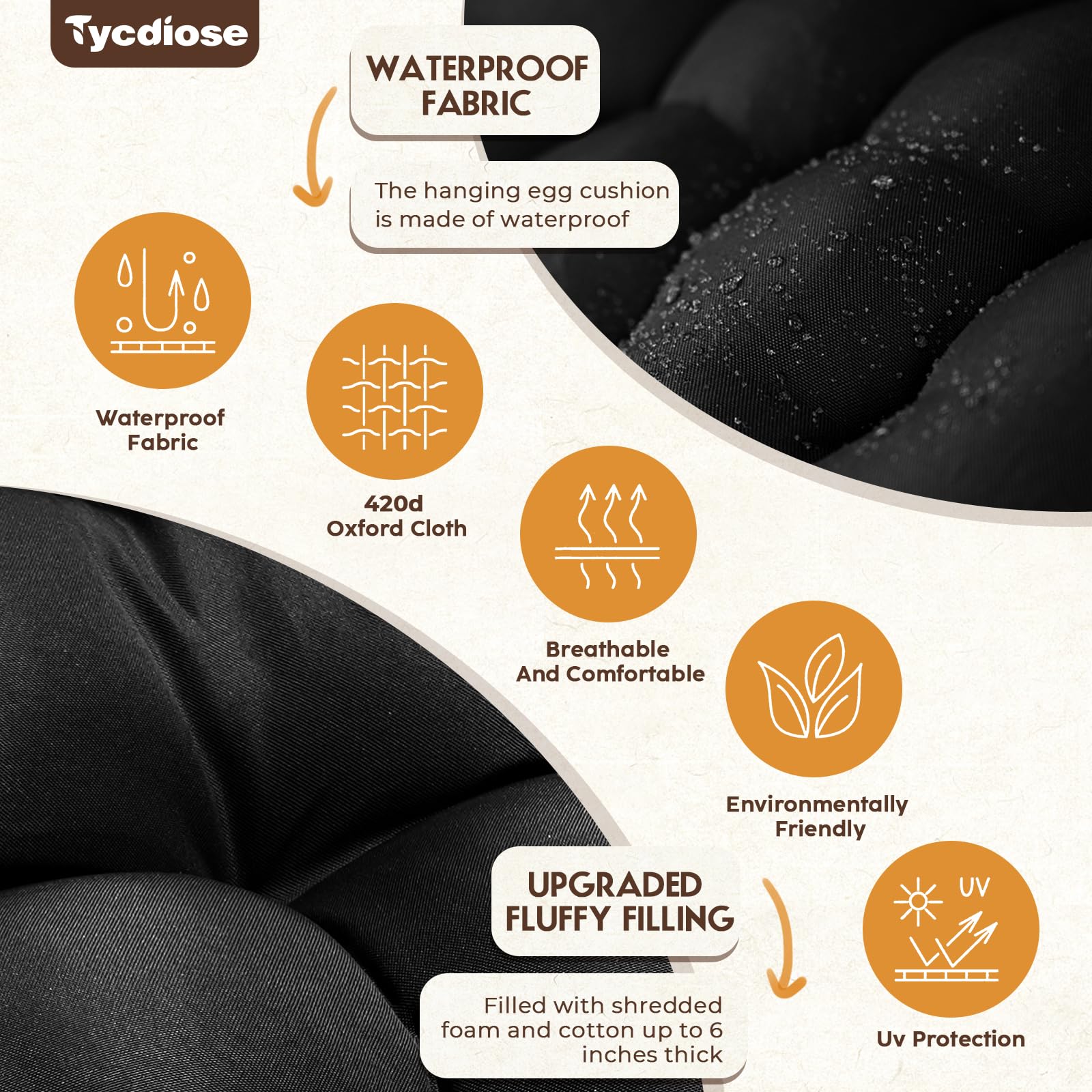 Tycdiose cushion in use on outdoor patio providing weather-resistant seating comfort