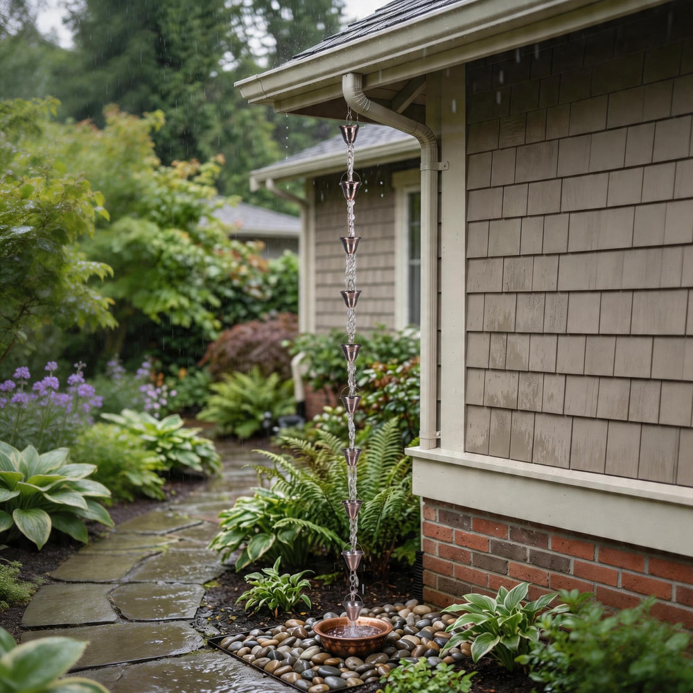 TZSSP rain chain on porch creating decorative look and soothing sound