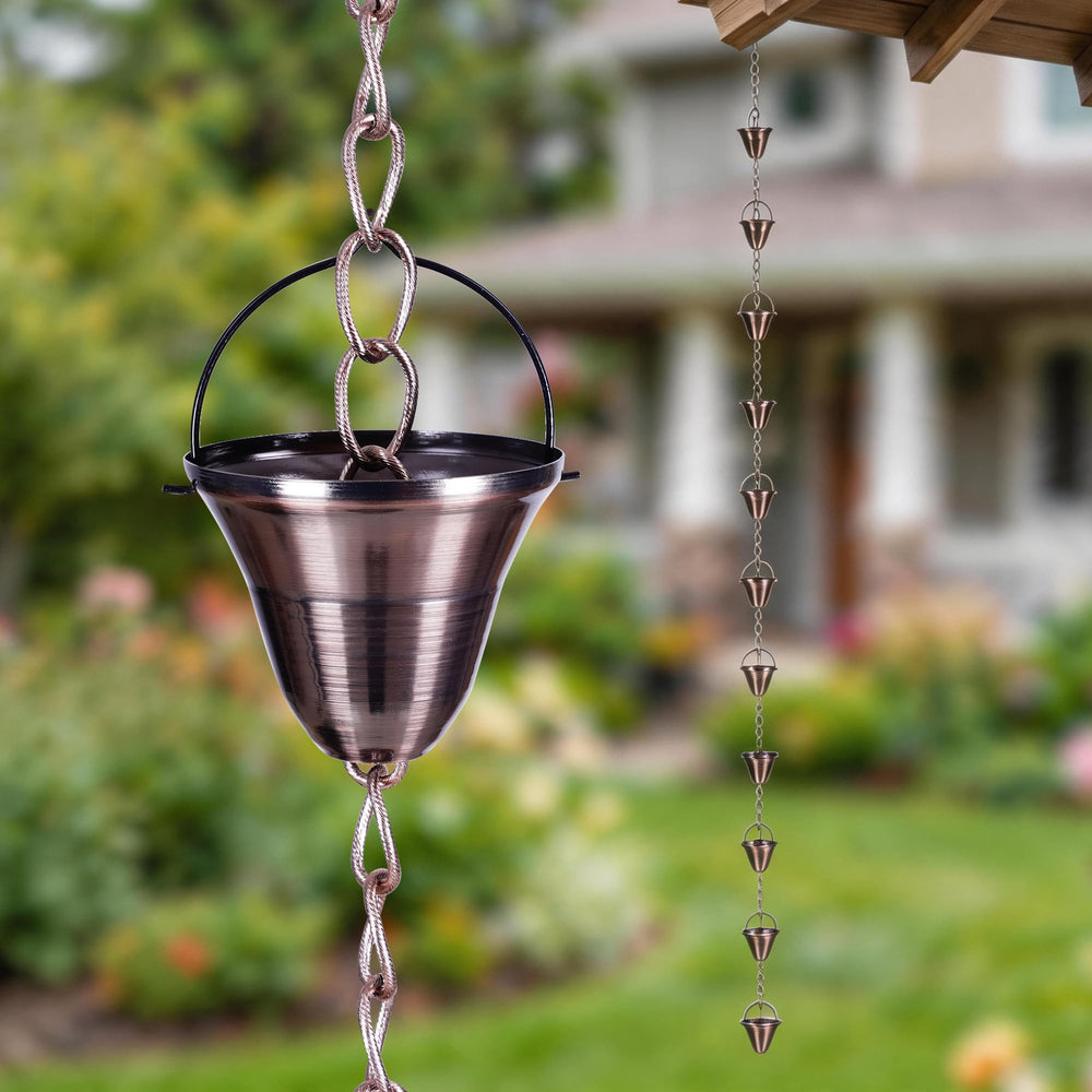 TZSSP rain chain beside ruler showing adjustable 8-foot length benefit