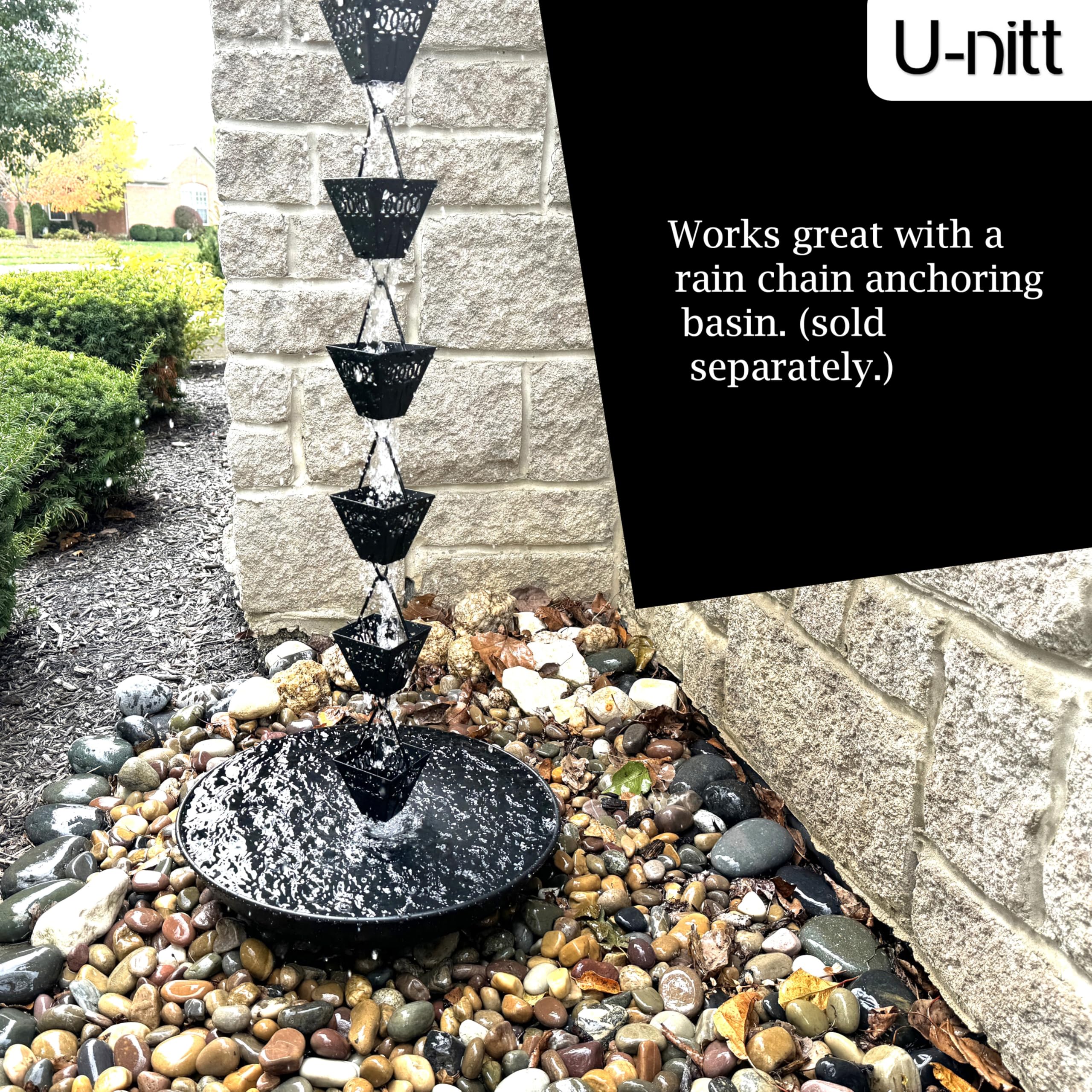 U-nitt directing water into rain barrel enabling collection and reuse benefit