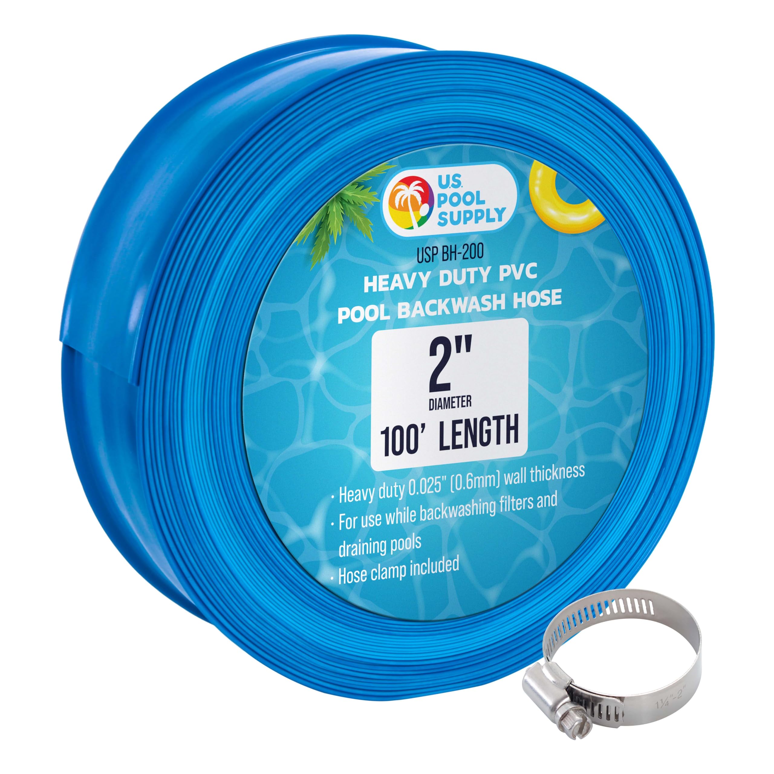 U.S. Pool Supply front view of blue 2 inch backwash hose showing length