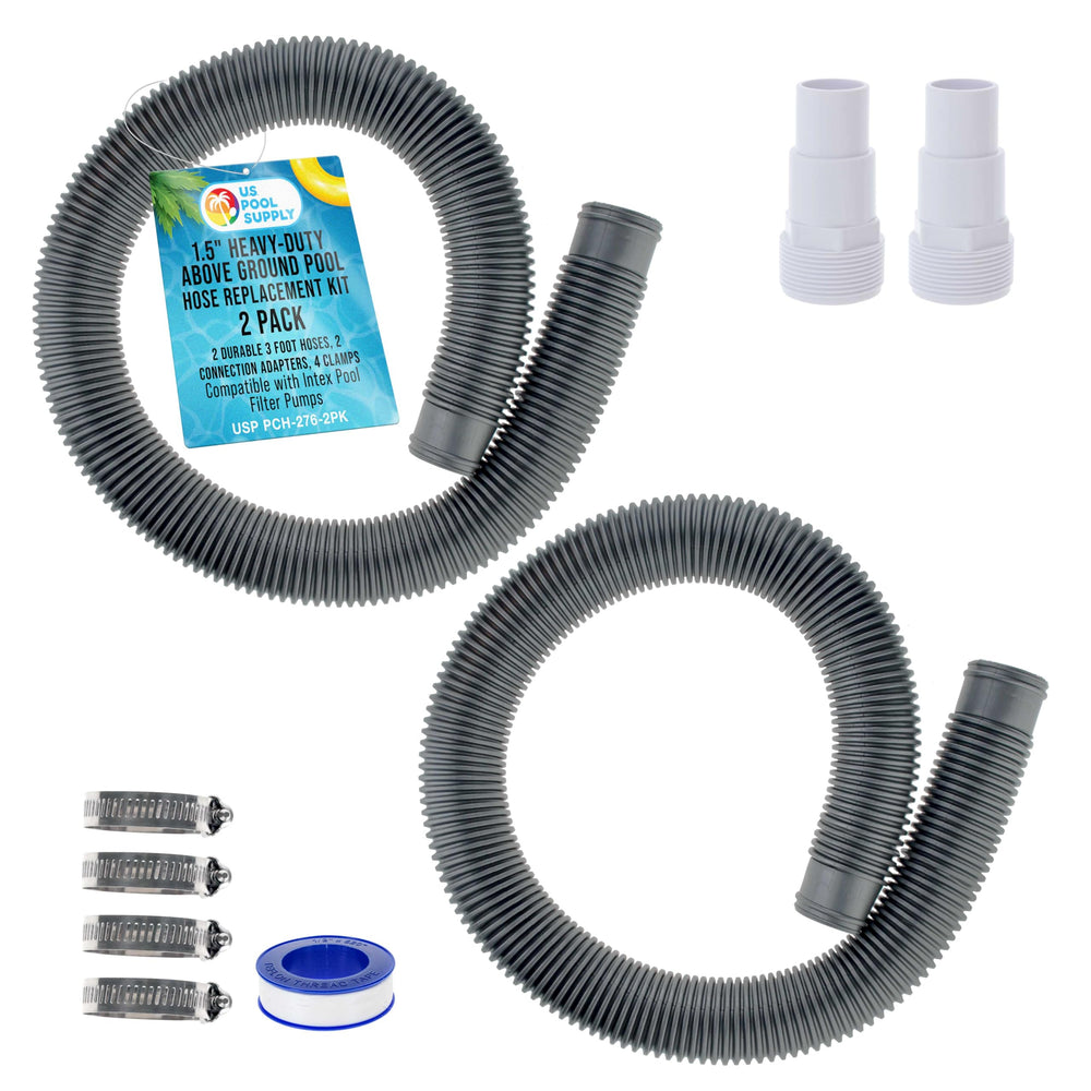 U.S. Pool Supply front packaging showing two silver hoses and included parts, durable replacement