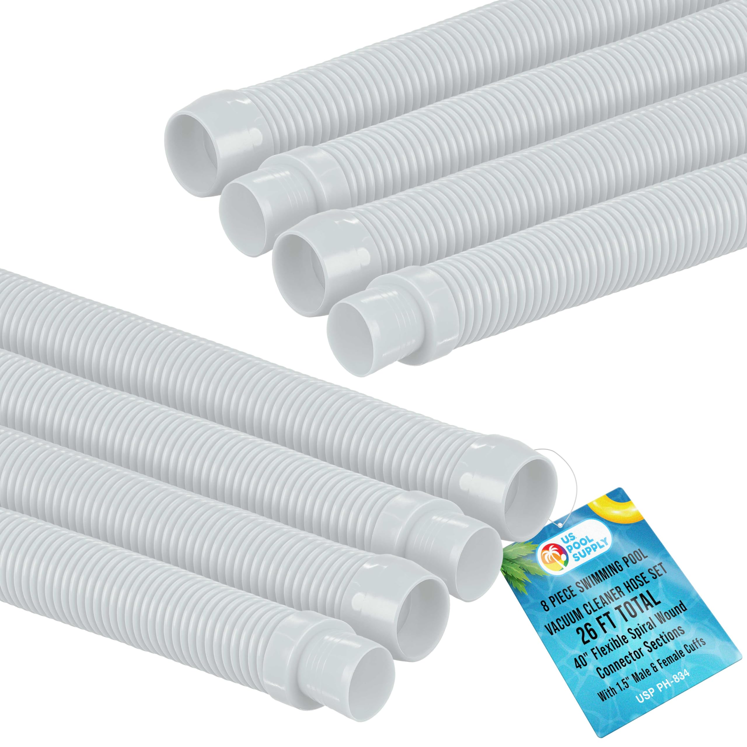 U.S. Pool Supply front packaging showing eight 40-inch white hose sections and benefits