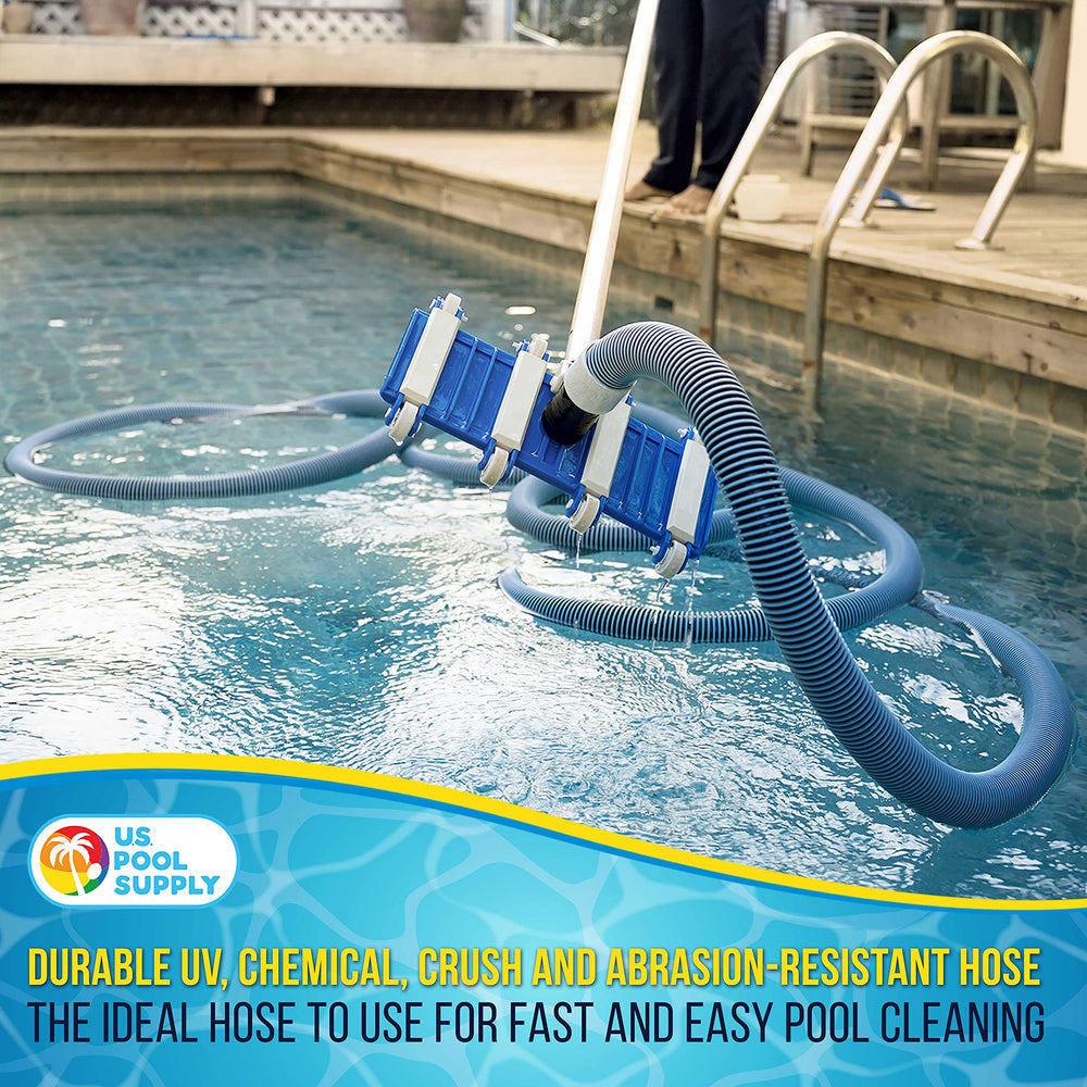 U.S. Pool Supply hose connected to vacuum head cleaning pool showing efficient suction