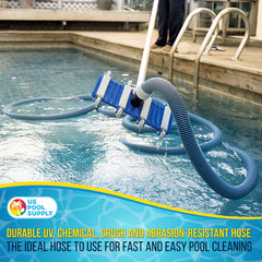 U.S. Pool Supply hose connected to vacuum head cleaning pool showing efficient suction