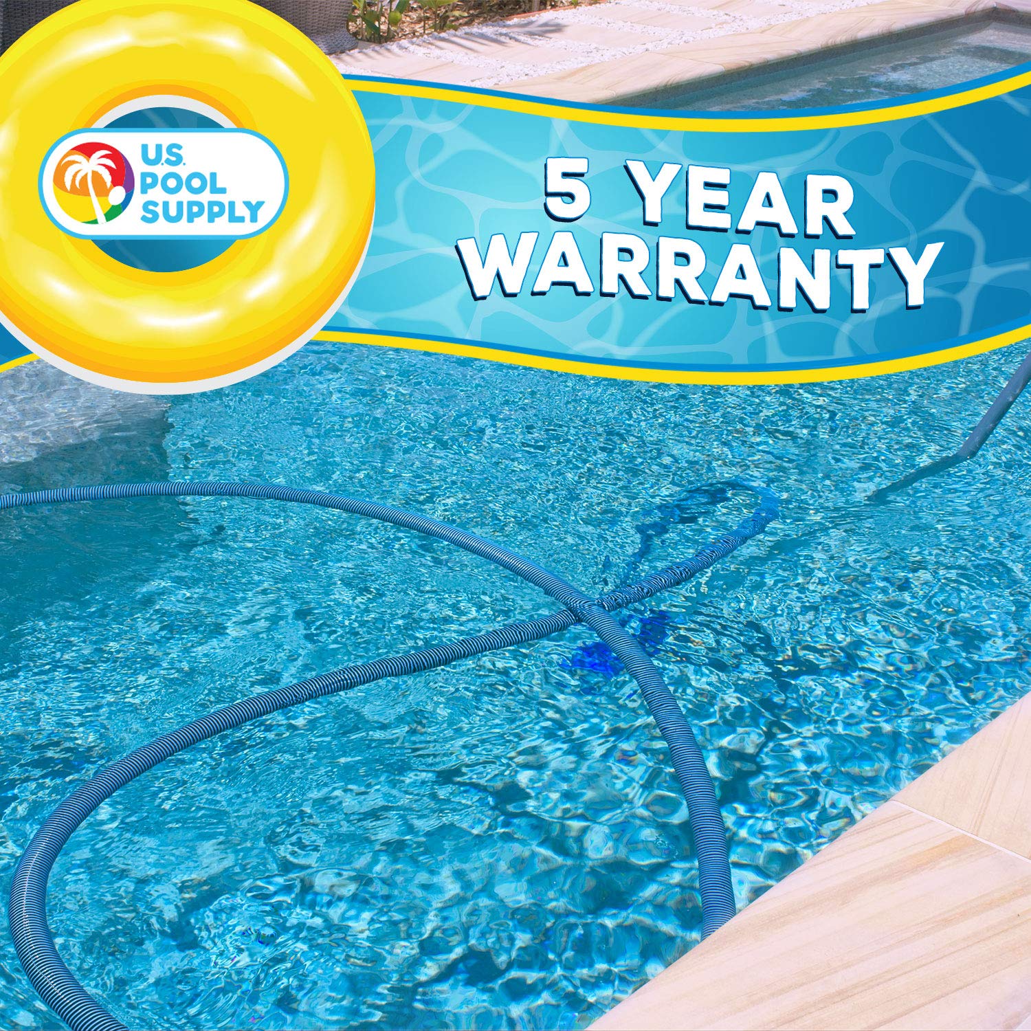 U.S. Pool Supply hose next to pool equipment showing 30' scale and simple skimmer connection