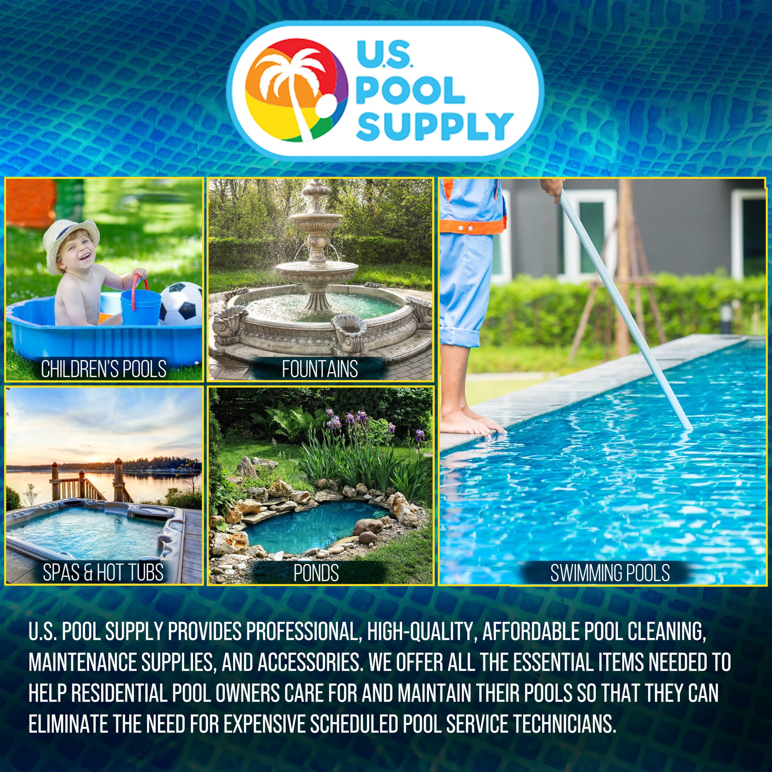 U.S. Pool Supply hoses connected to an above-ground pool skimmer in a backyard, reliable circulation