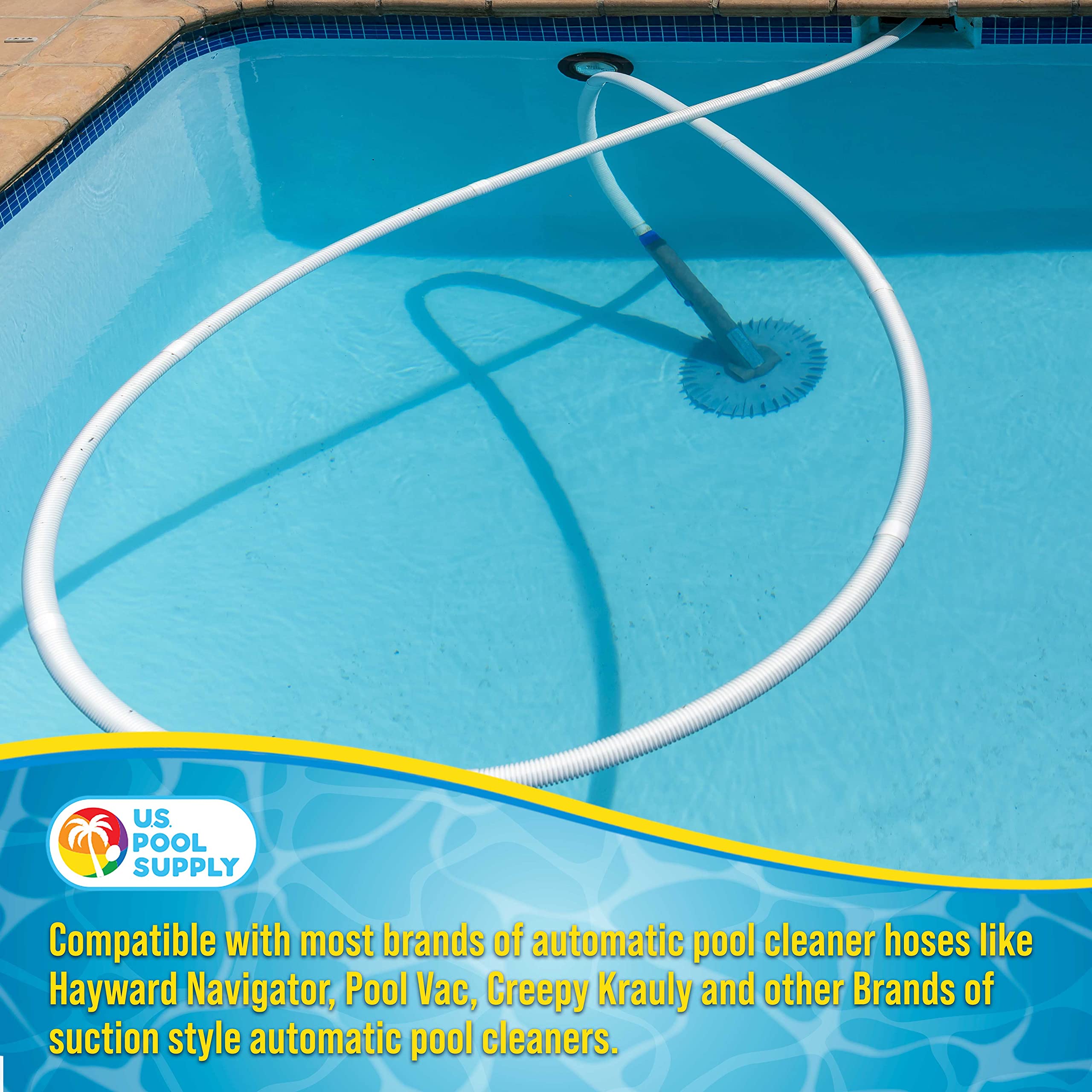 U.S. Pool Supply hose next to hand for scale showing manageable length and handling