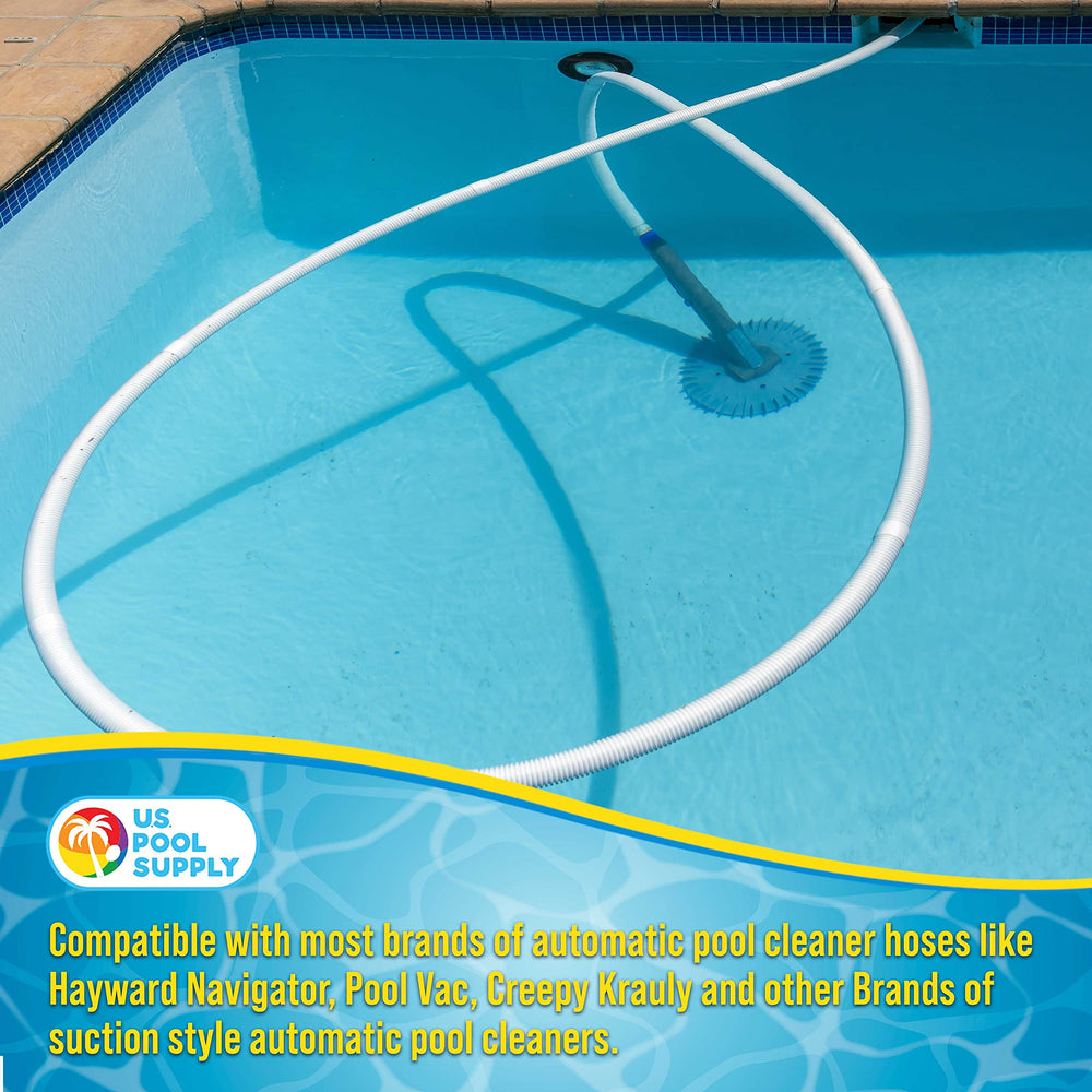 U.S. Pool Supply hose next to hand for scale showing manageable length and handling