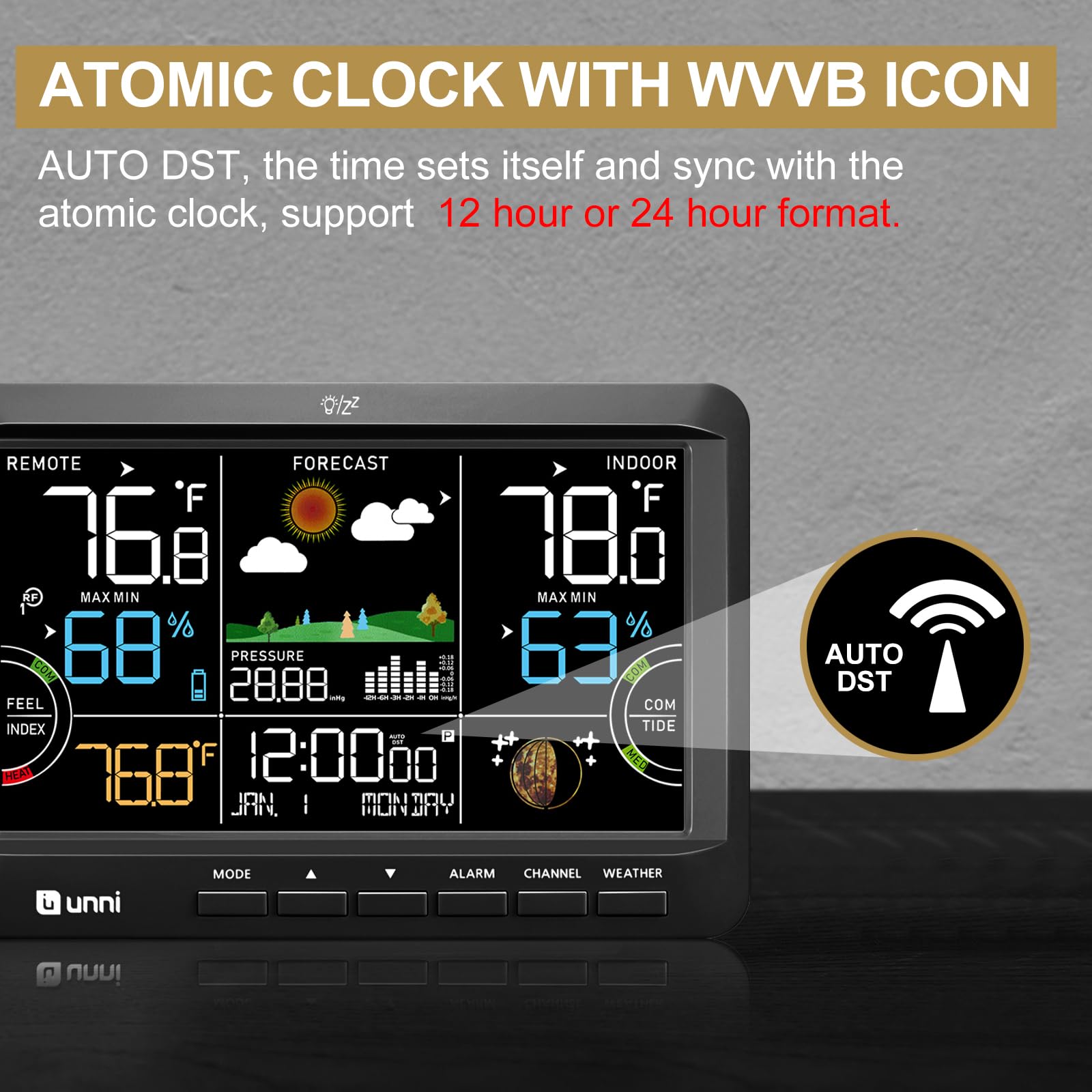 U UNNI display side profile showing control buttons and adjustable brightness benefit