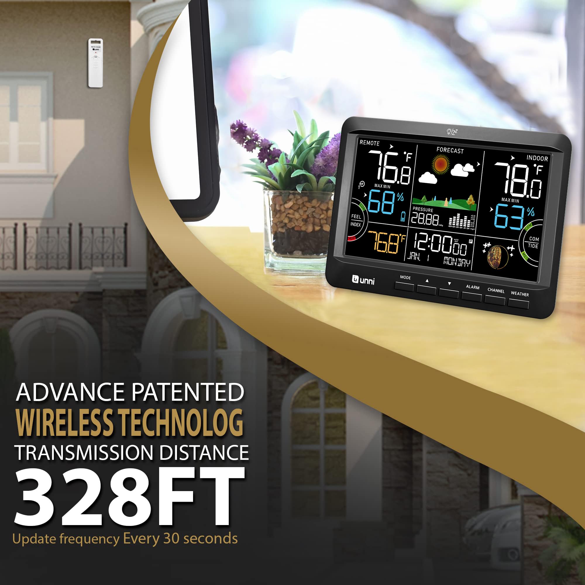 U UNNI weather station next to hand for size comparison and easy room readability