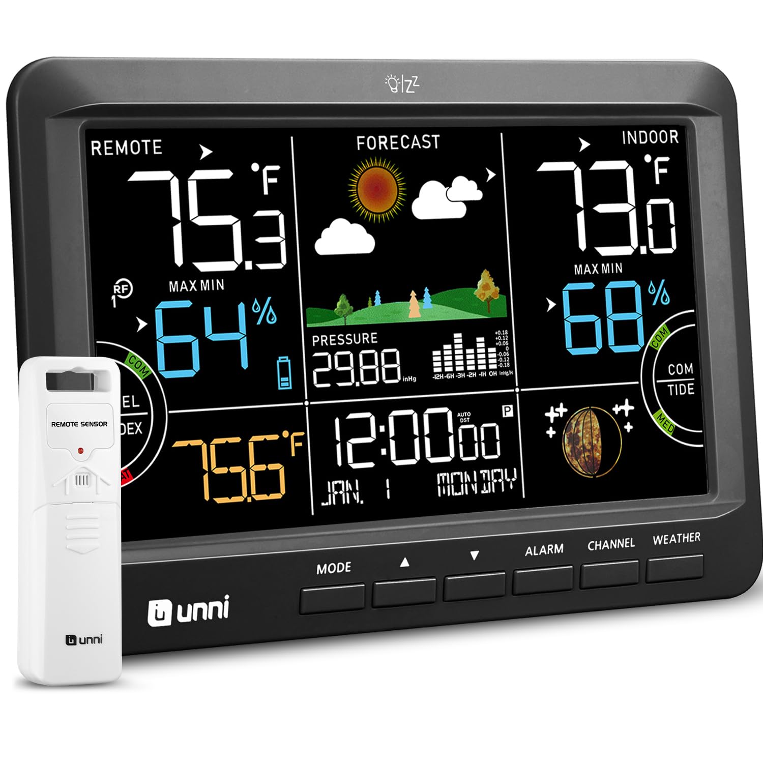 U UNNI weather station front display showing temperature and humidity clearly