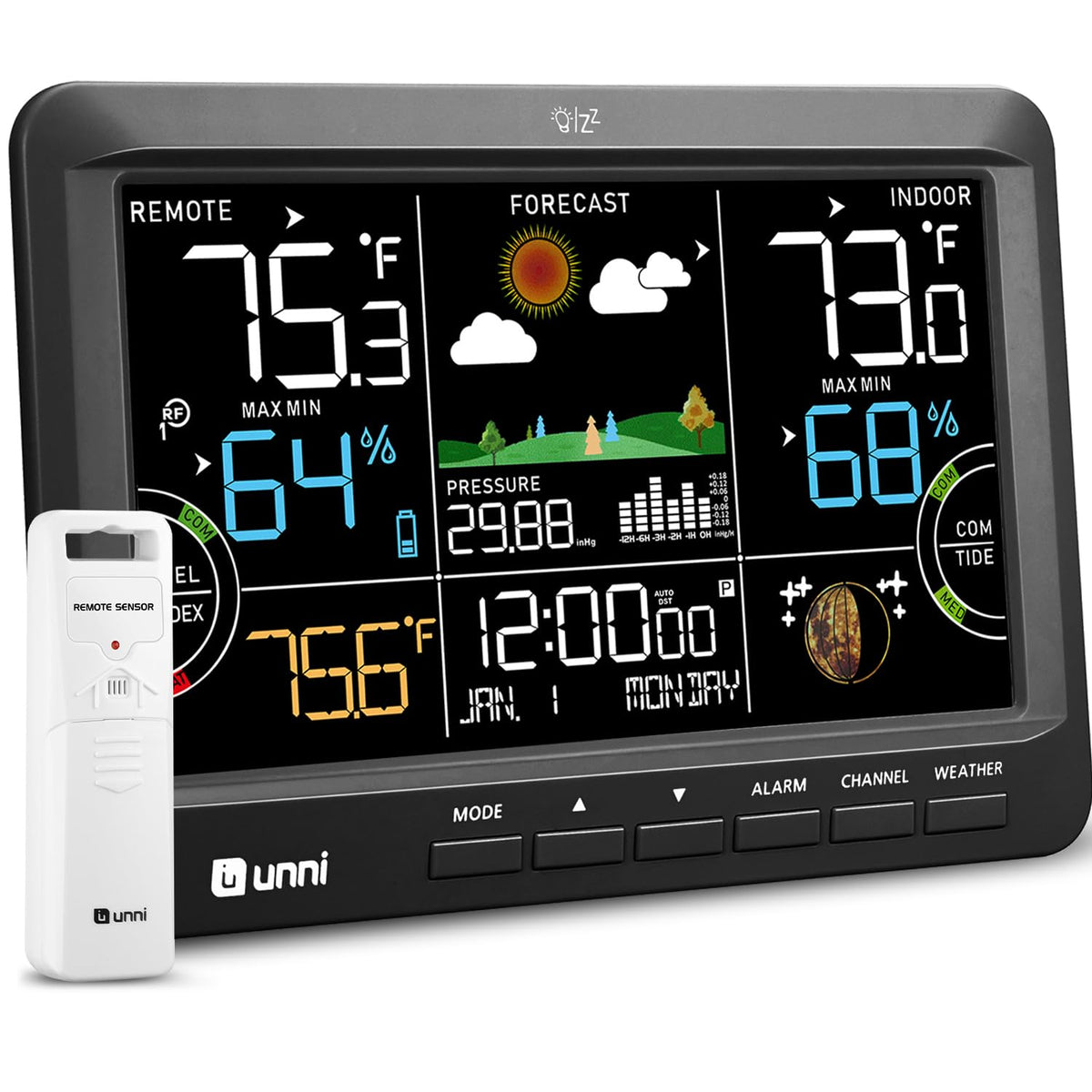 U UNNI weather station front display showing temperature and humidity clearly
