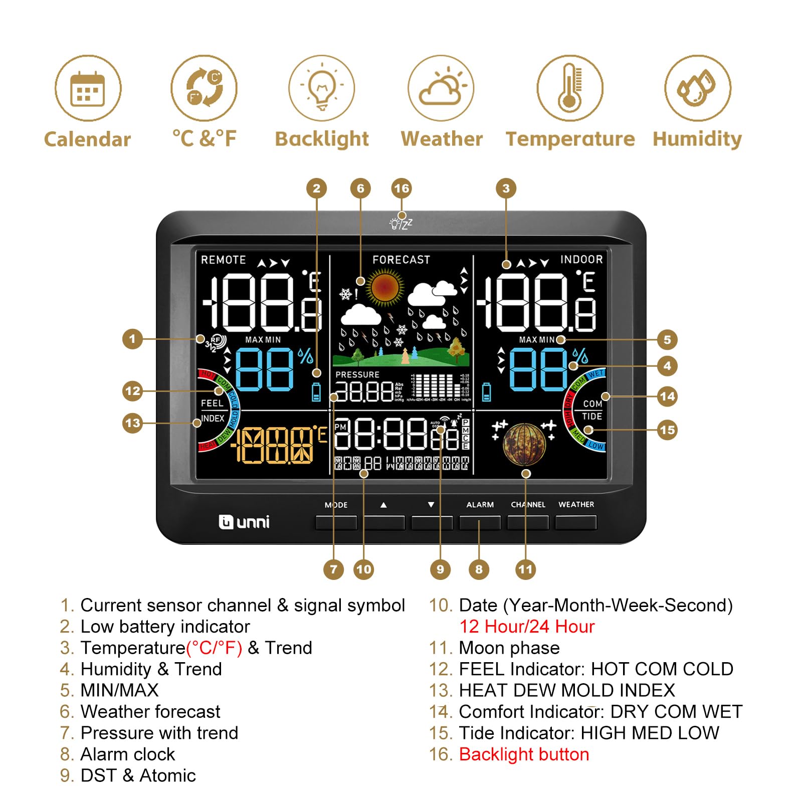 U UNNI weather station on kitchen counter delivering quick indoor/outdoor readings