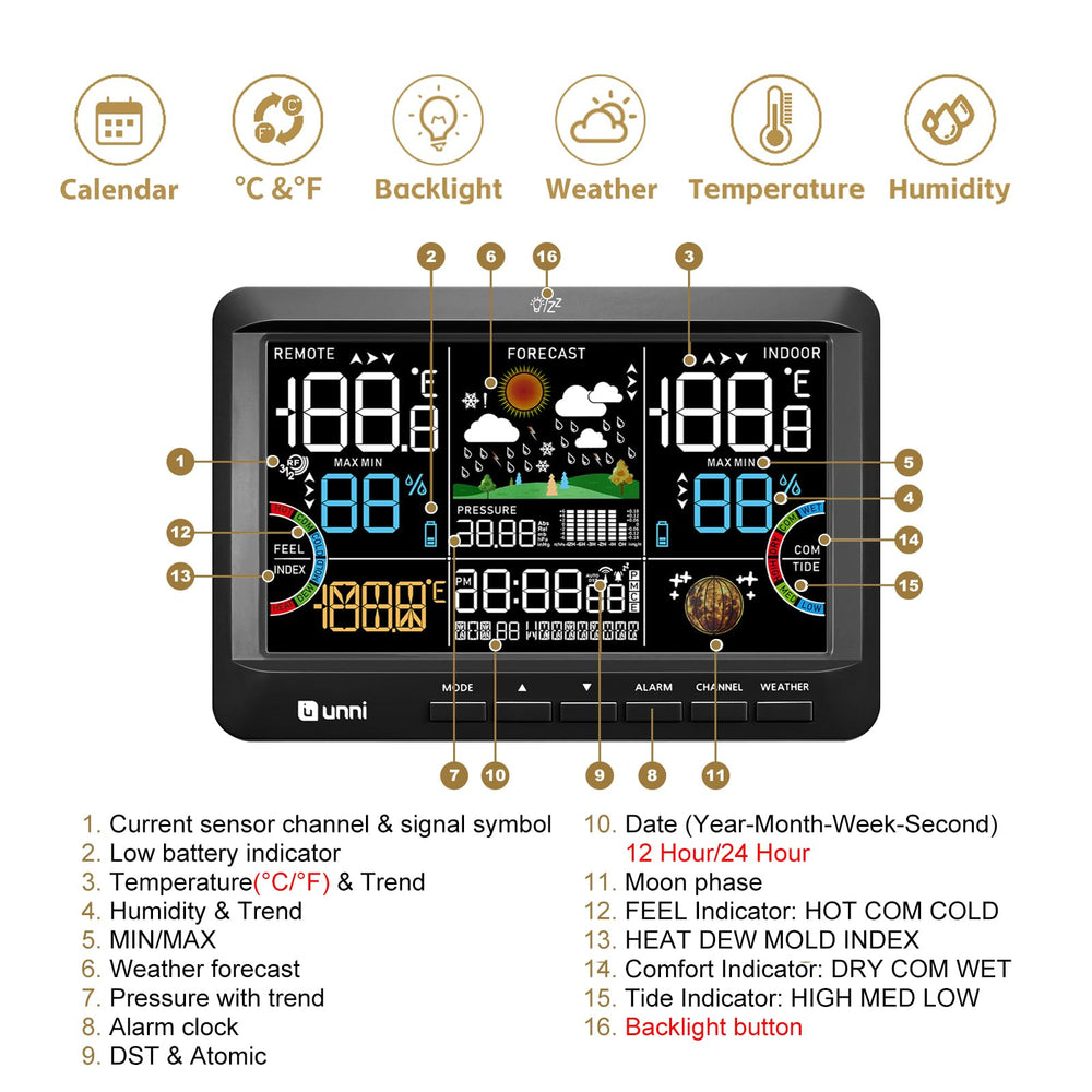 U UNNI weather station on kitchen counter delivering quick indoor/outdoor readings