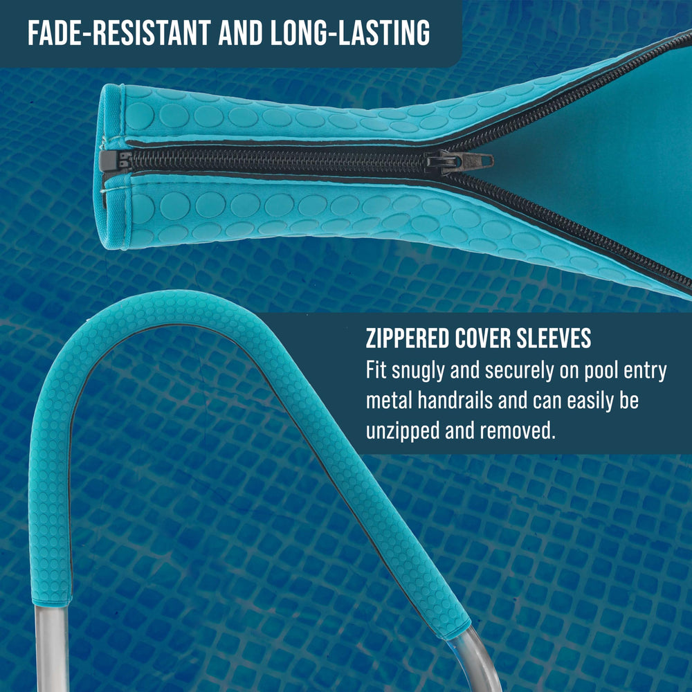 U.S. Pool Supply installed on pool ladder demonstrating safer entry and exit benefit