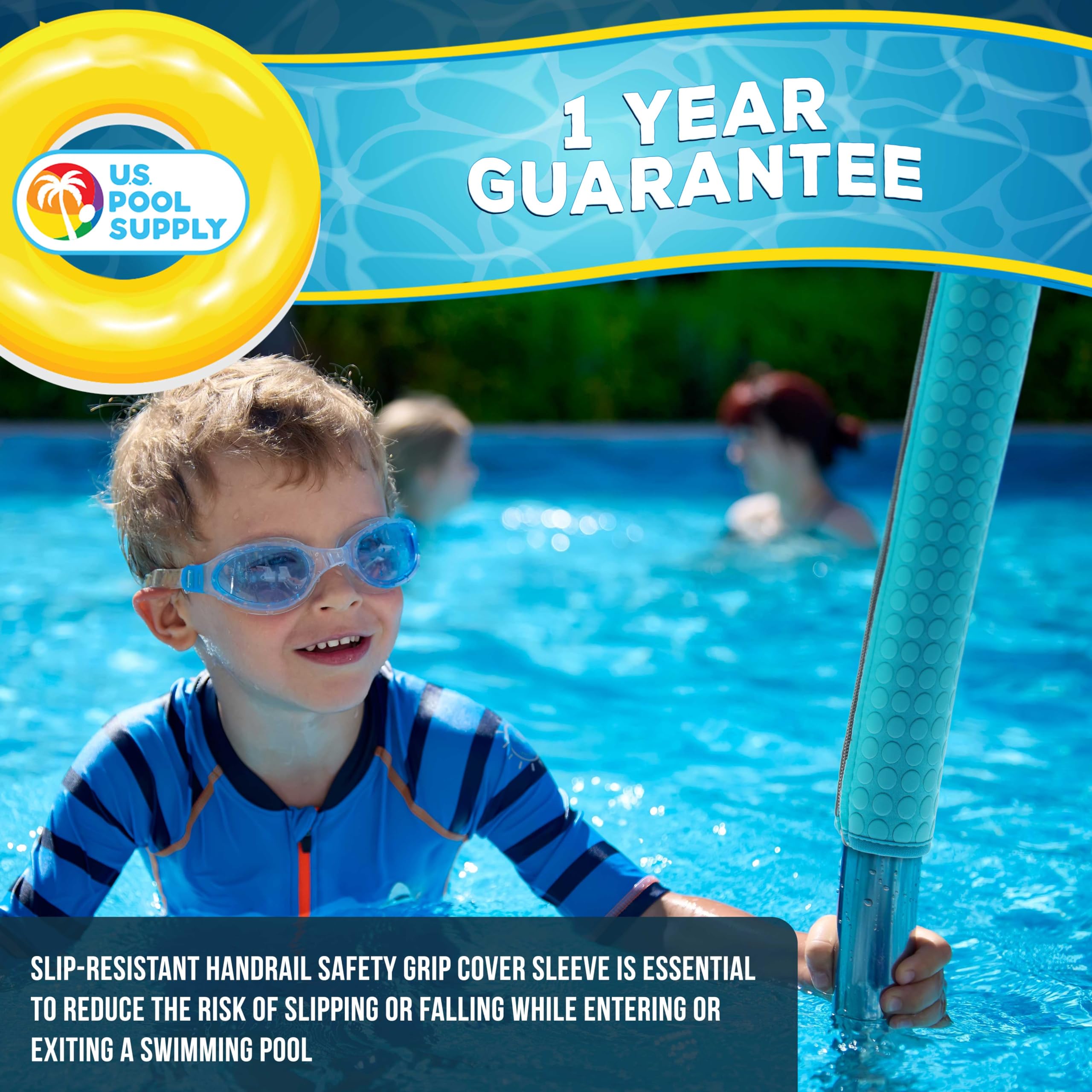 U.S. Pool Supply handrail cover on poolside ladder in backyard scene for comfort benefit