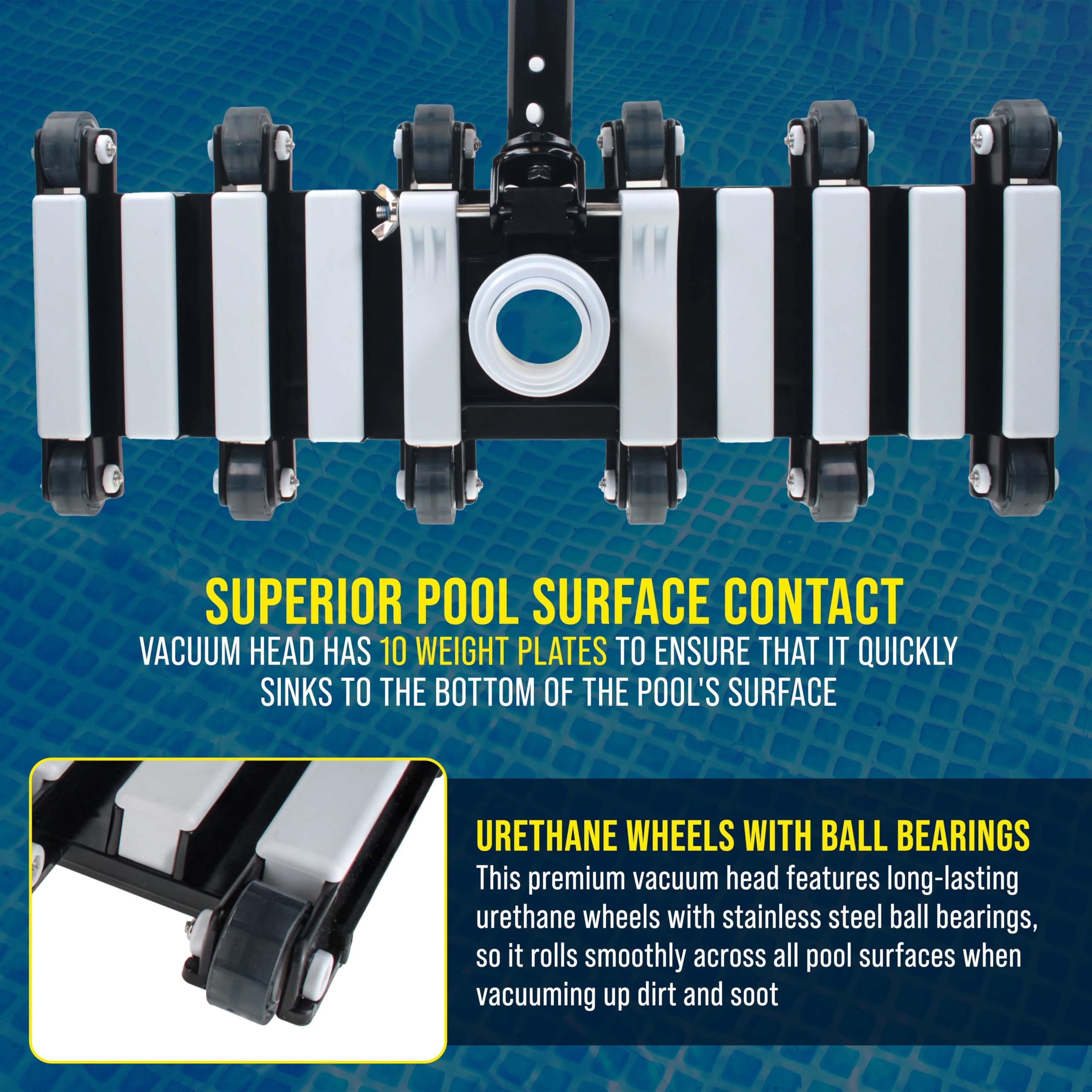 U.S. Pool Supply vacuum head in use on plaster floor improving debris pickup