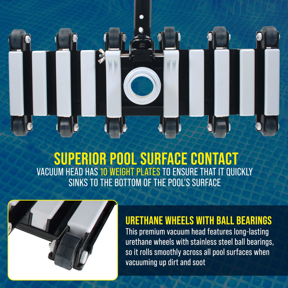 U.S. Pool Supply vacuum head in use on plaster floor improving debris pickup