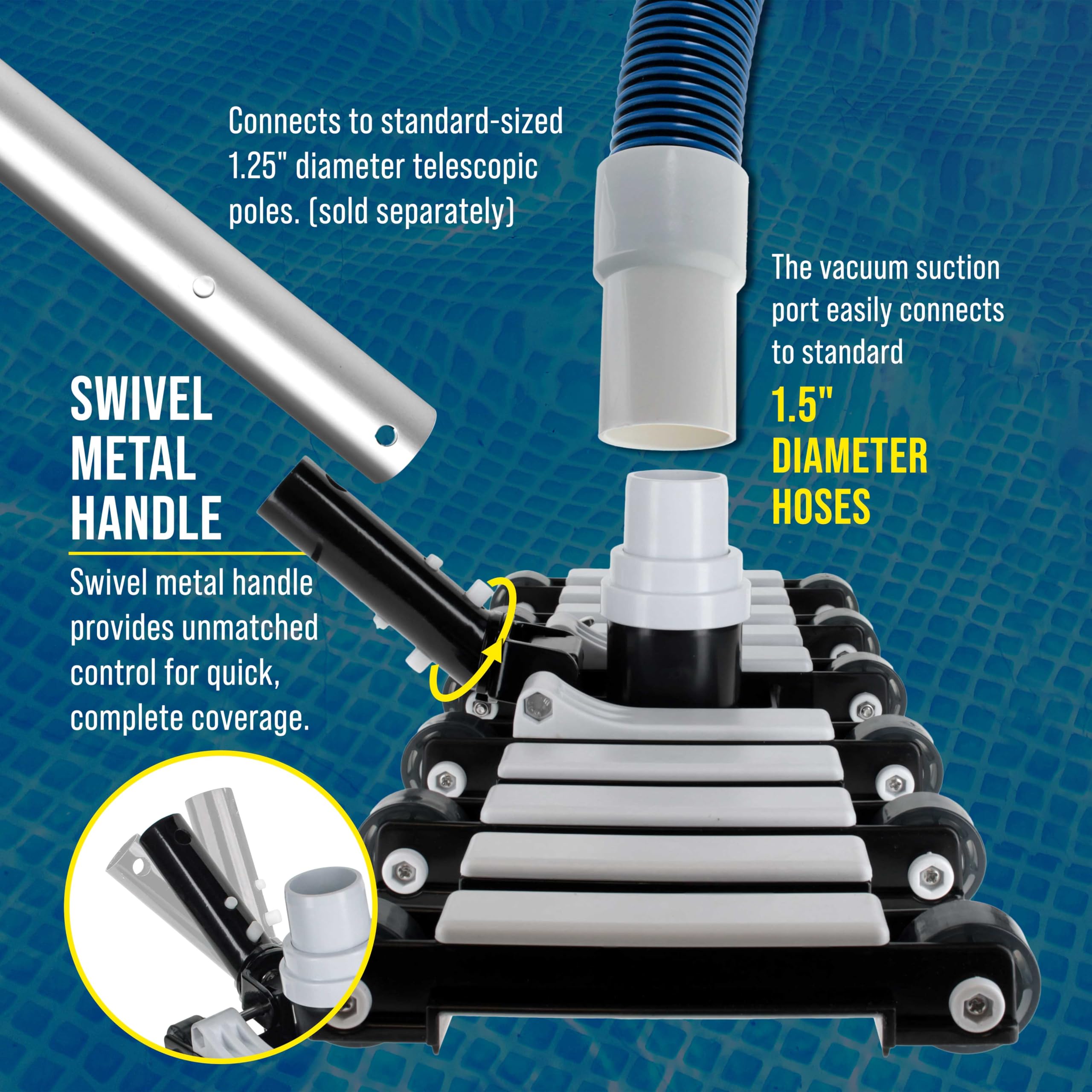 U.S. Pool Supply swivel metal handle connection for precise directional control