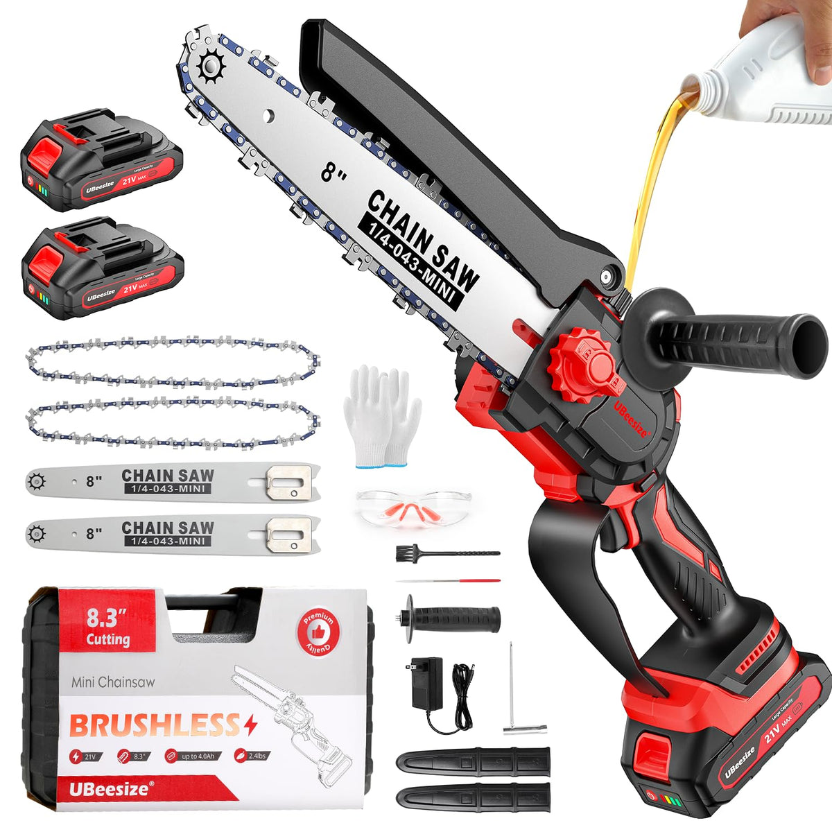 UBeesize mini chainsaw front view showing compact design and easy storage benefit