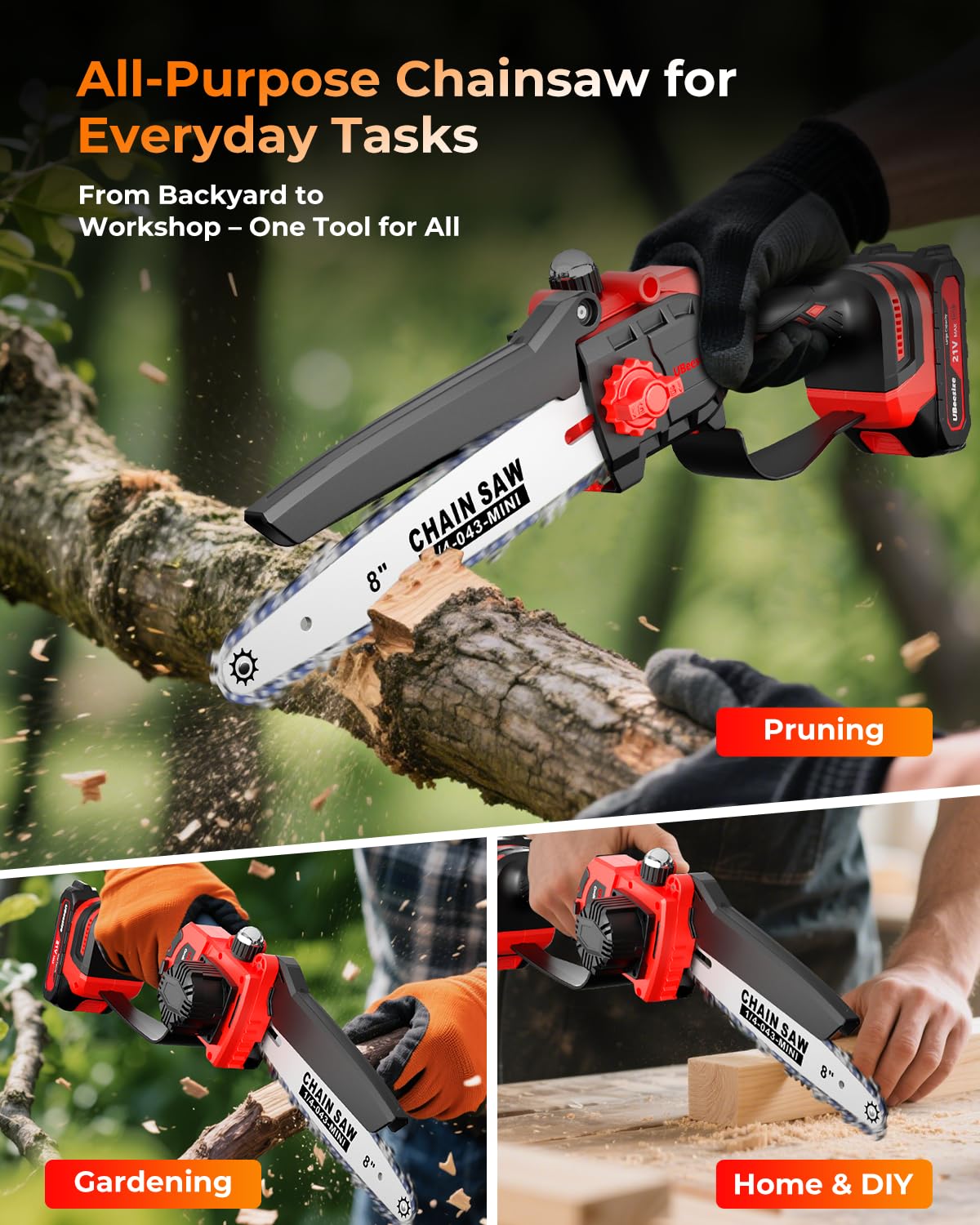 UBeesize mini chainsaw cutting a branch outdoors for fast, clean yard work