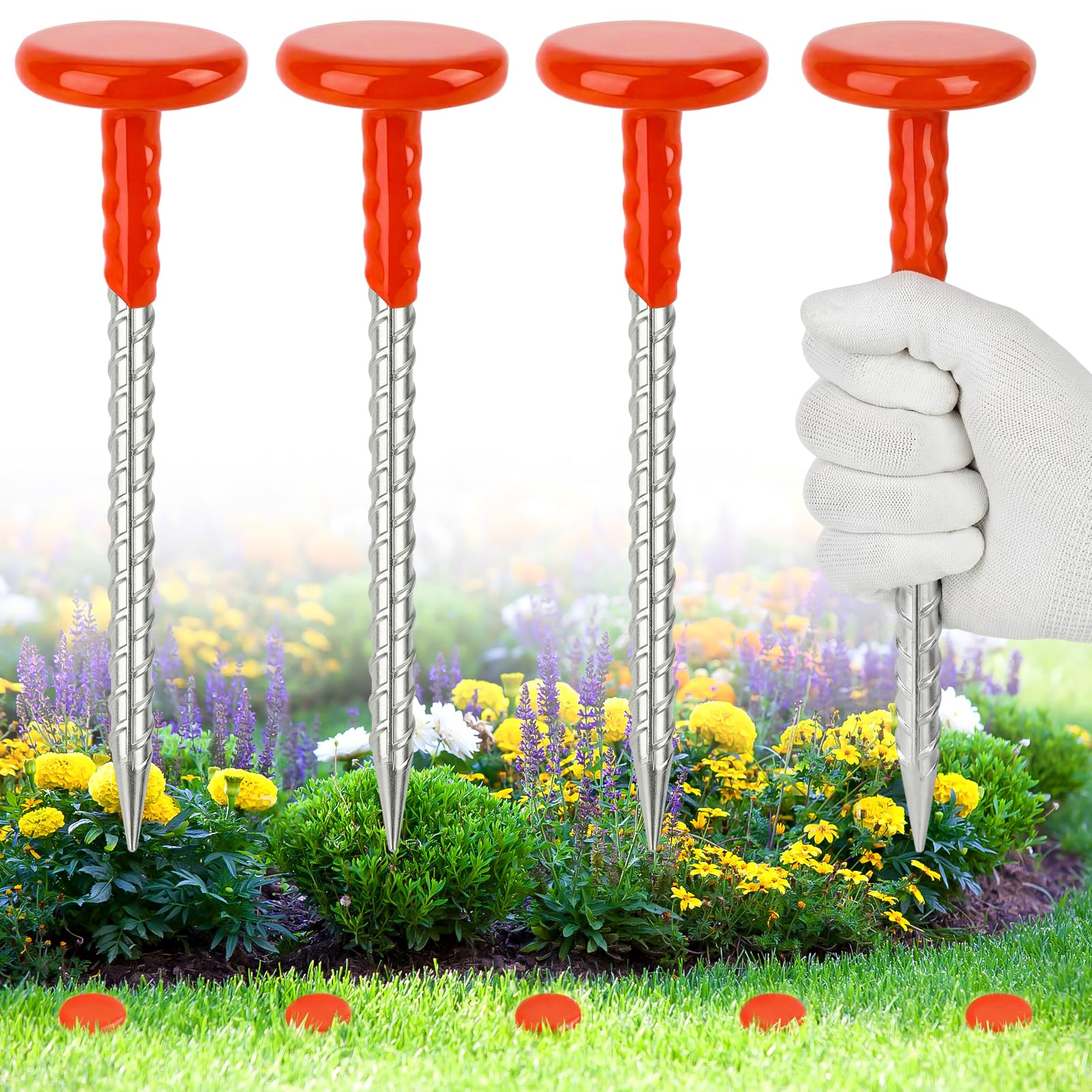 UCandy front view of four orange rebar stakes showing durable finish and visibility