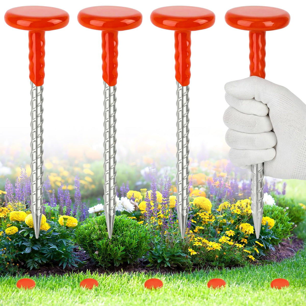 UCandy front view of four orange rebar stakes showing durable finish and visibility