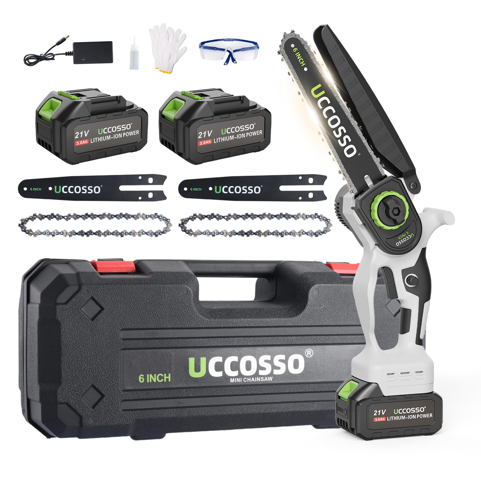 UCCOSSO front view of mini chainsaw showing compact design and portability benefit