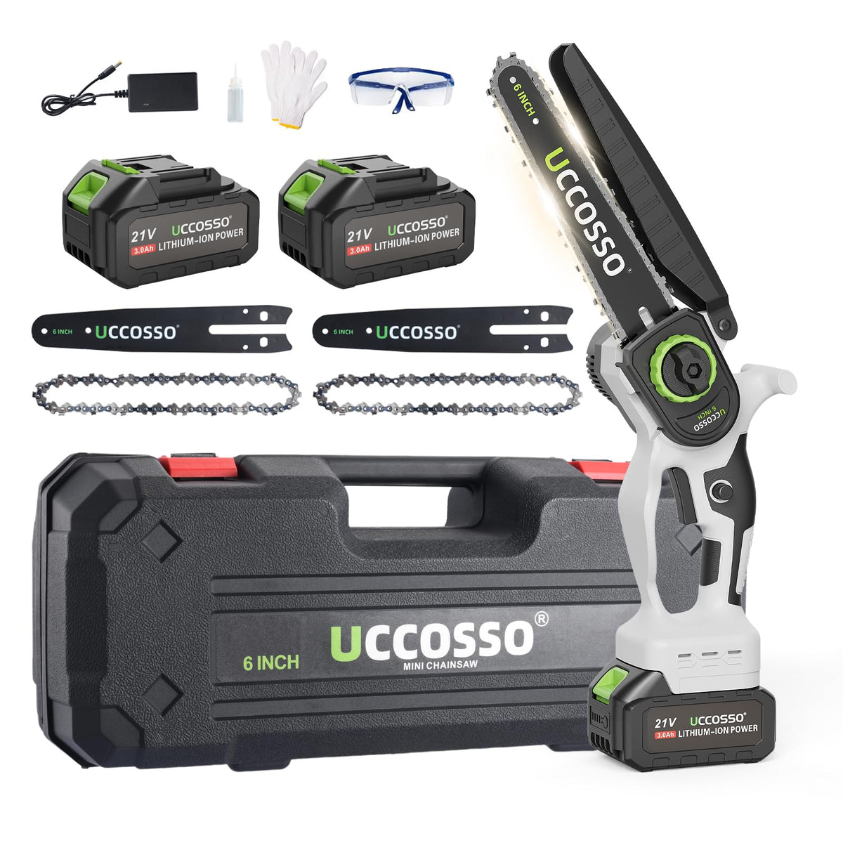 UCCOSSO front view of mini chainsaw showing compact design and portability benefit