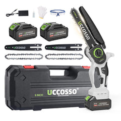 UCCOSSO front view of mini chainsaw showing compact design and portability benefit