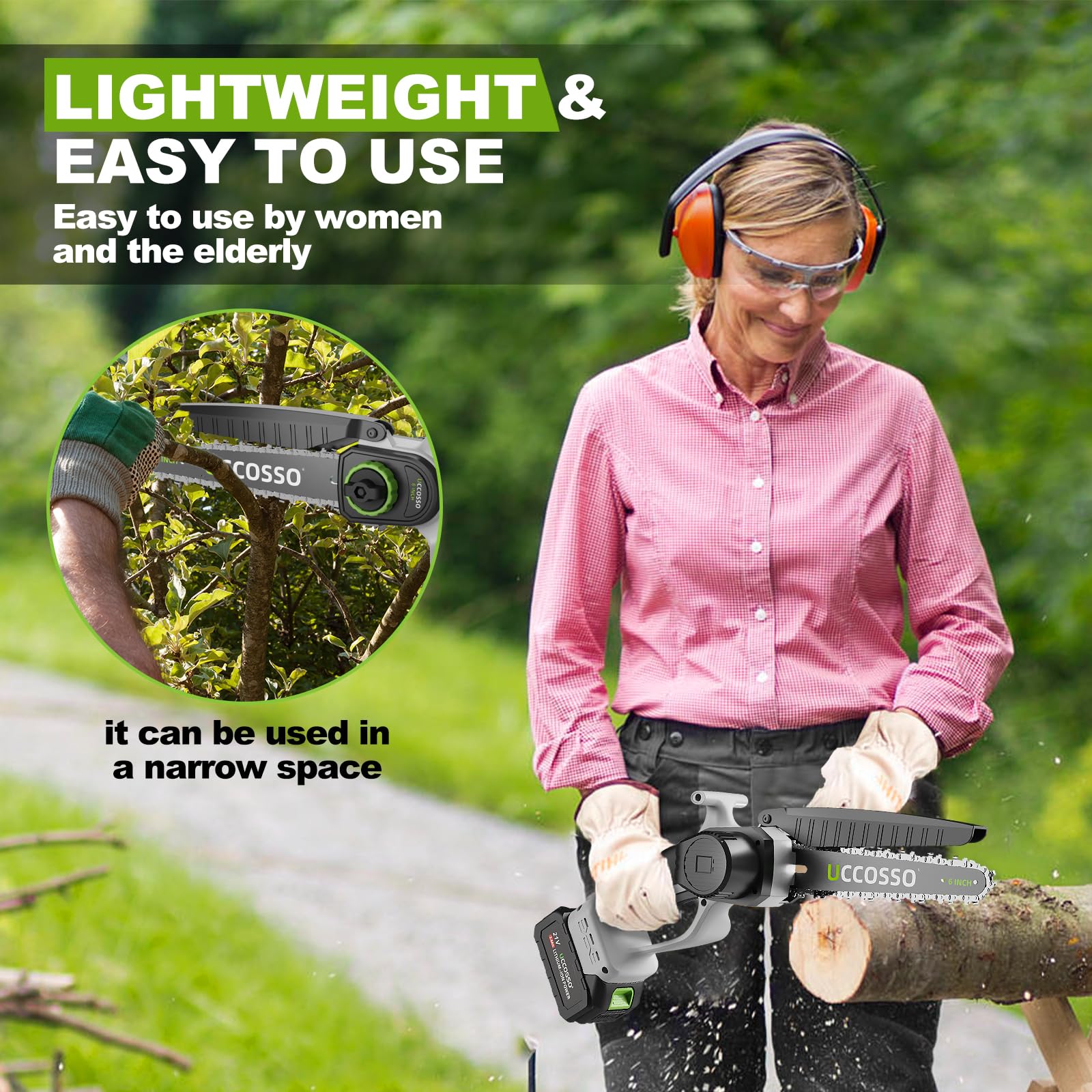 UCCOSSO next to a log showing 6-inch bar scale for accurate sizing