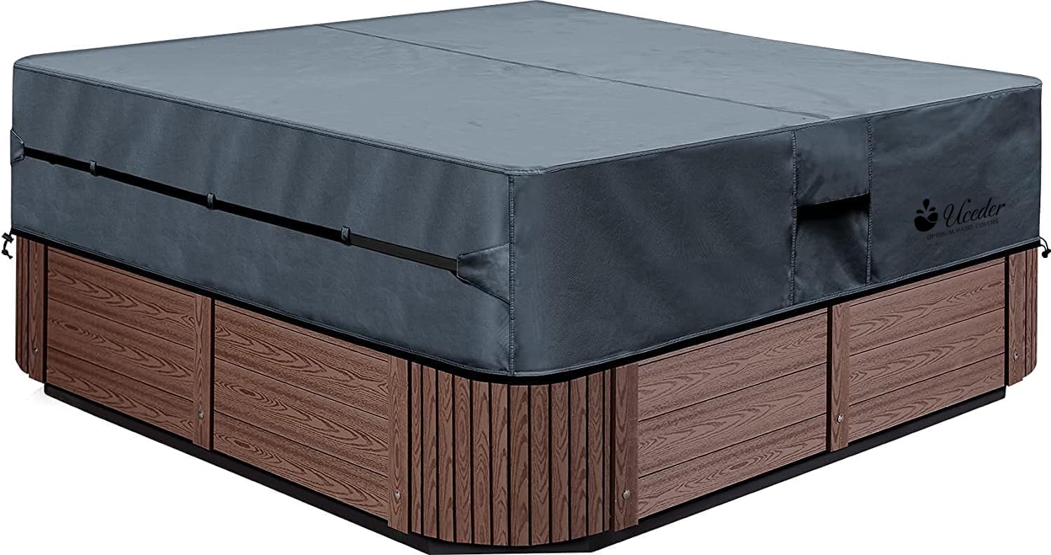UCEDER front view of square spa cover showing full protection and fit