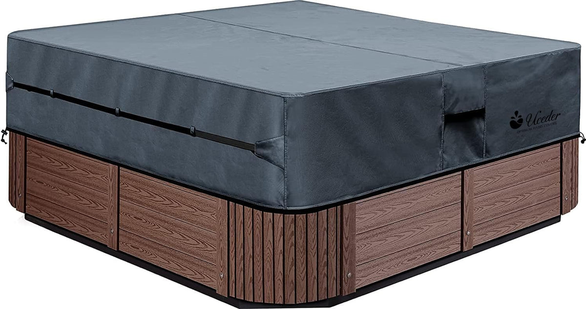 UCEDER front view of square spa cover showing full protection and fit