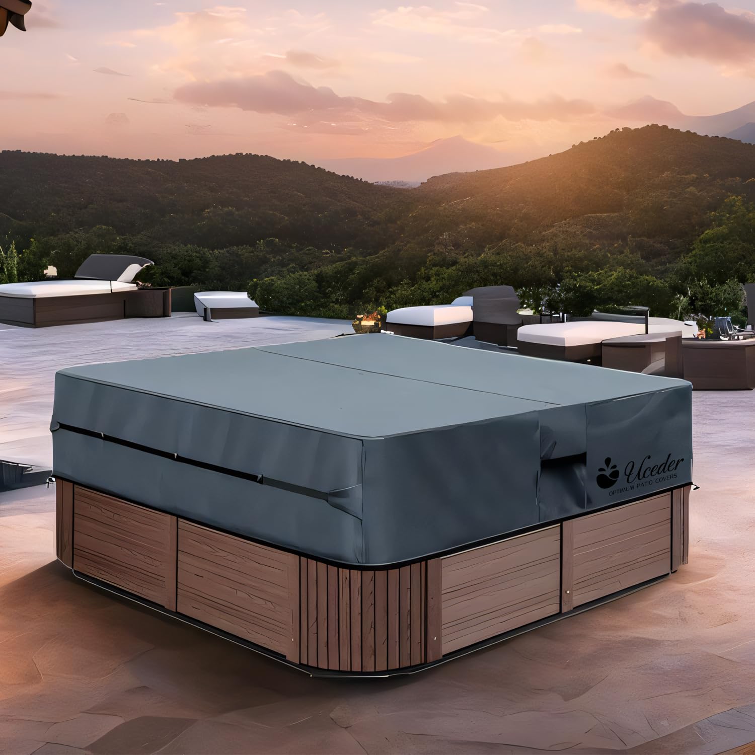 UCEDER installed on outdoor spa in rain showing weather protection