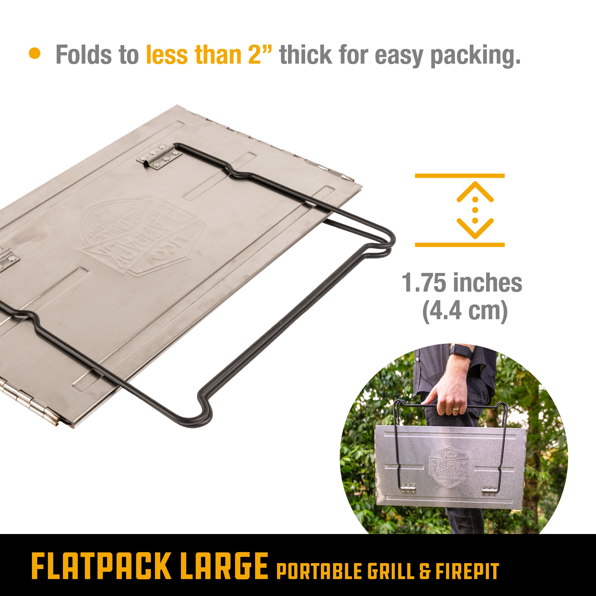 UCO flatpack cooking steaks over charcoal, even heat for grilling