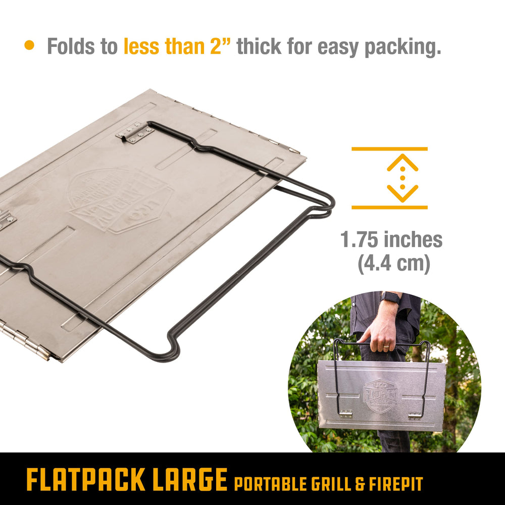 UCO flatpack cooking steaks over charcoal, even heat for grilling