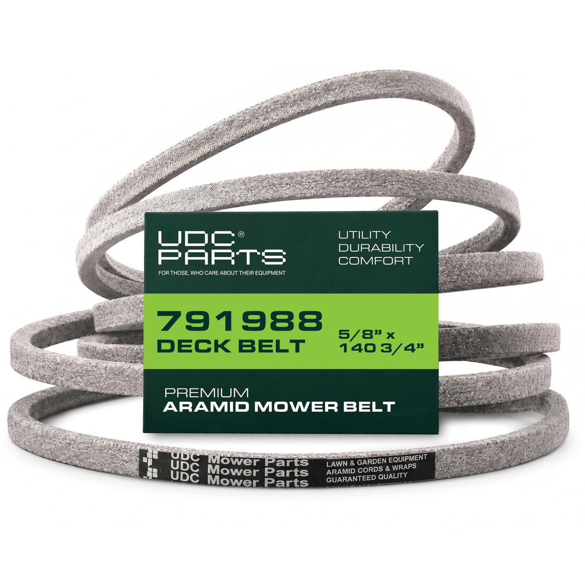 UDC Mower Belts 791988 front packaging showing product and fitment details benefits reliable replacement